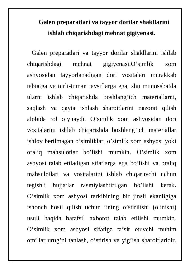O’simlik xom ashyosidan dori vositasi