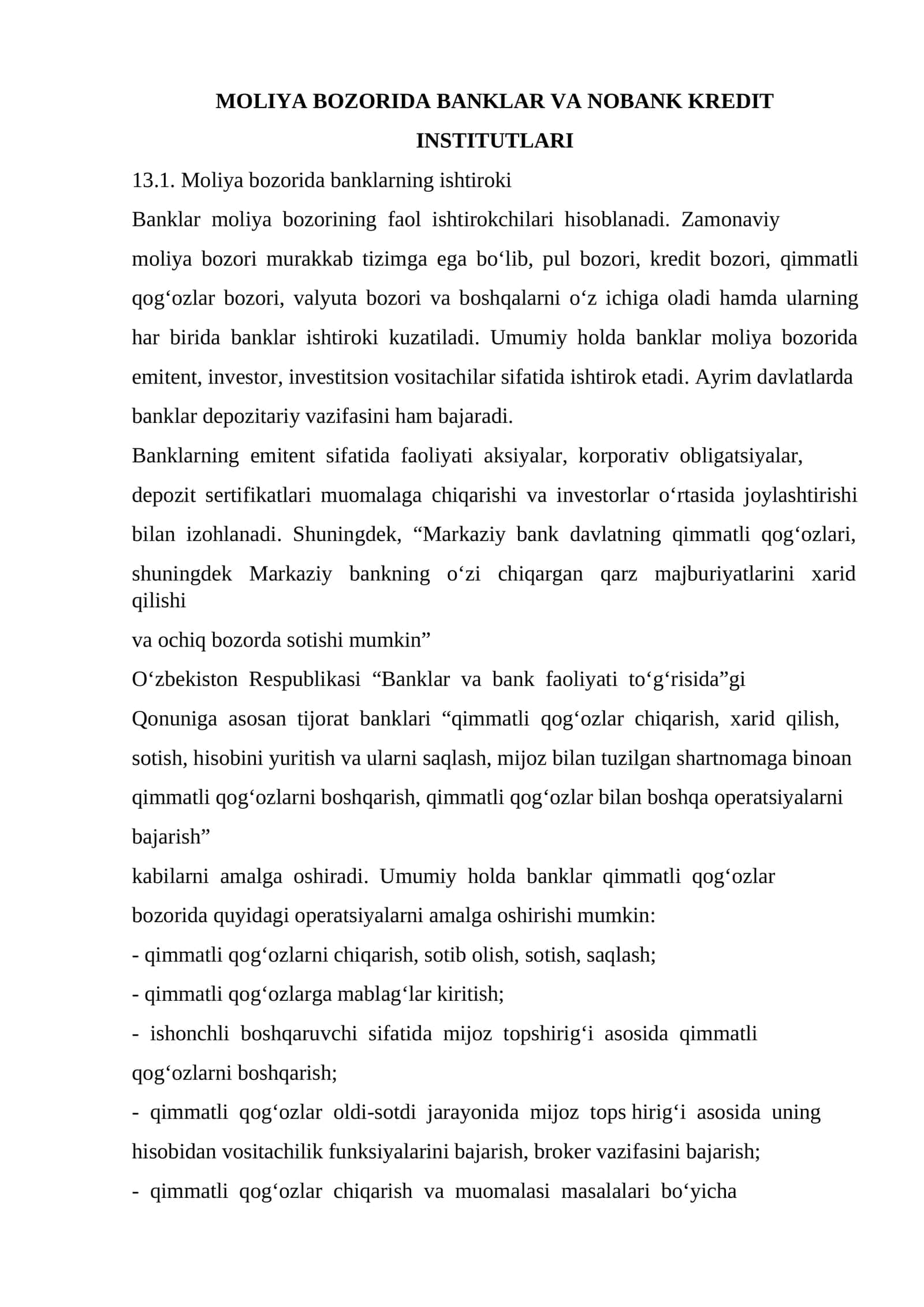 MOLIYA BOZORIDA BANKLAR VA NOBANK KRЕDIT INSTITUTLARI
