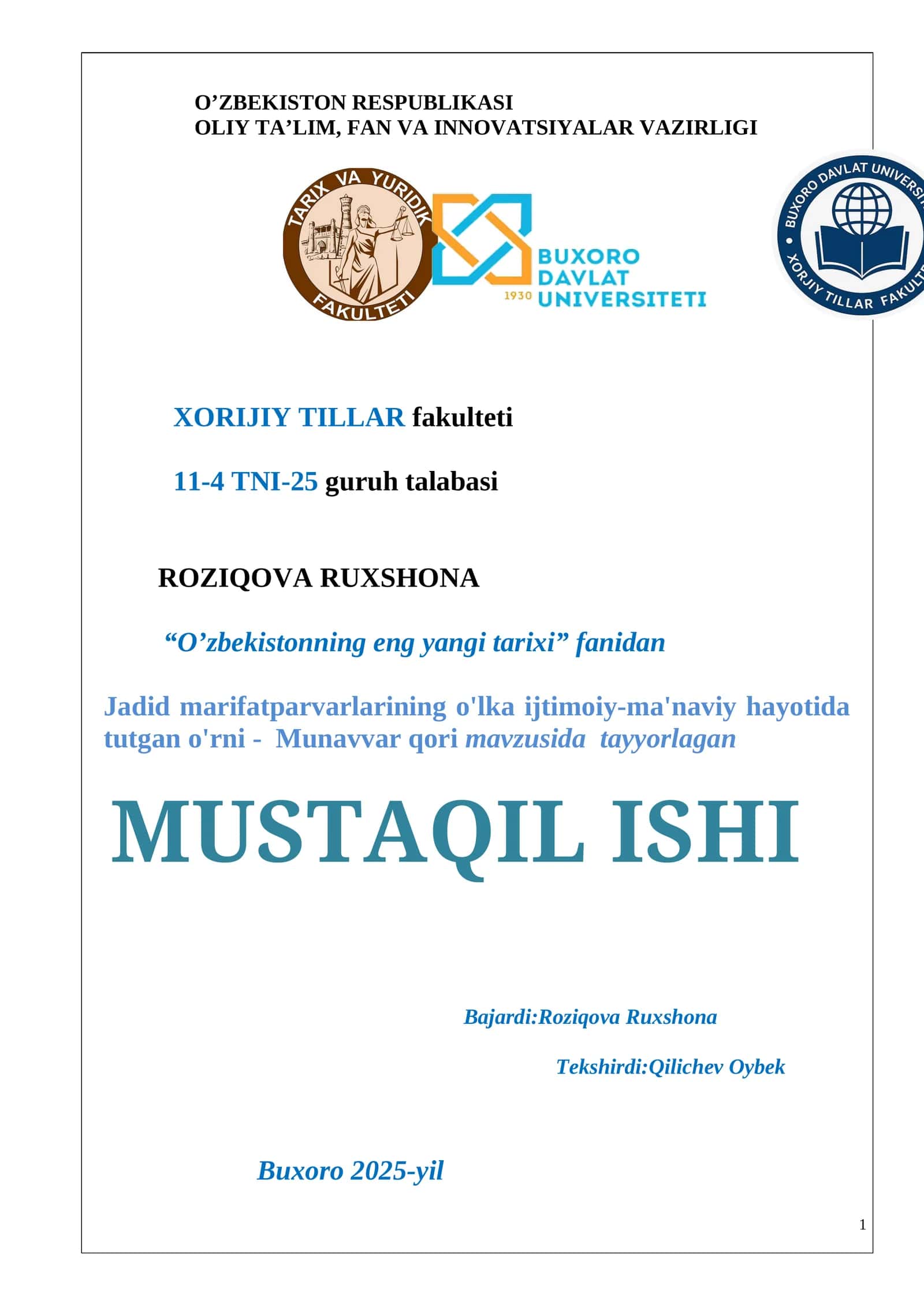 Jadid marifatparvarlarining o'lka ijtimoiy-ma'naviy hayotida tutgan o'rni - Munavvar qori