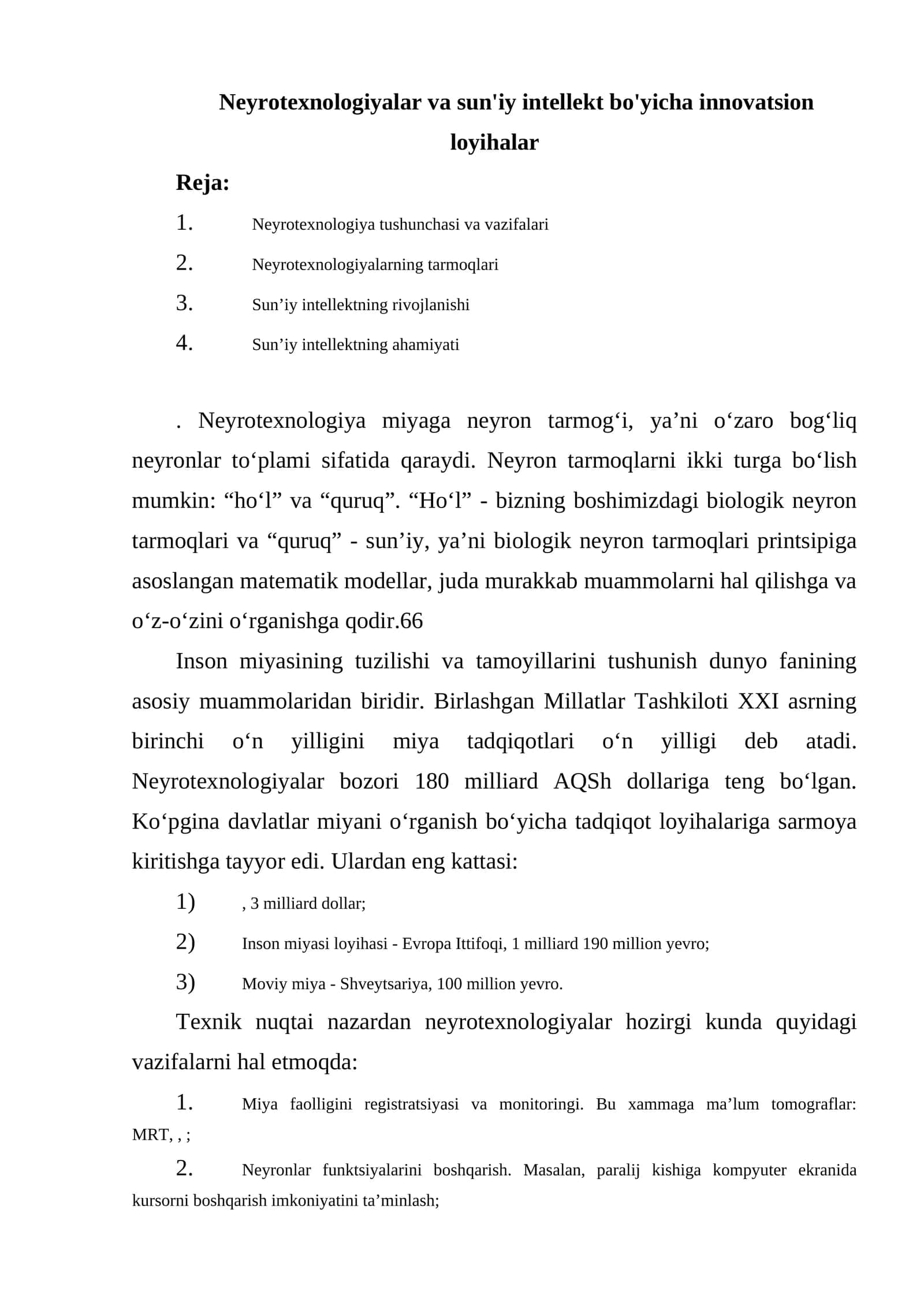 Neyrotexnologiyalar va sun'iy intellekt bo'yicha innovatsion loyihalar