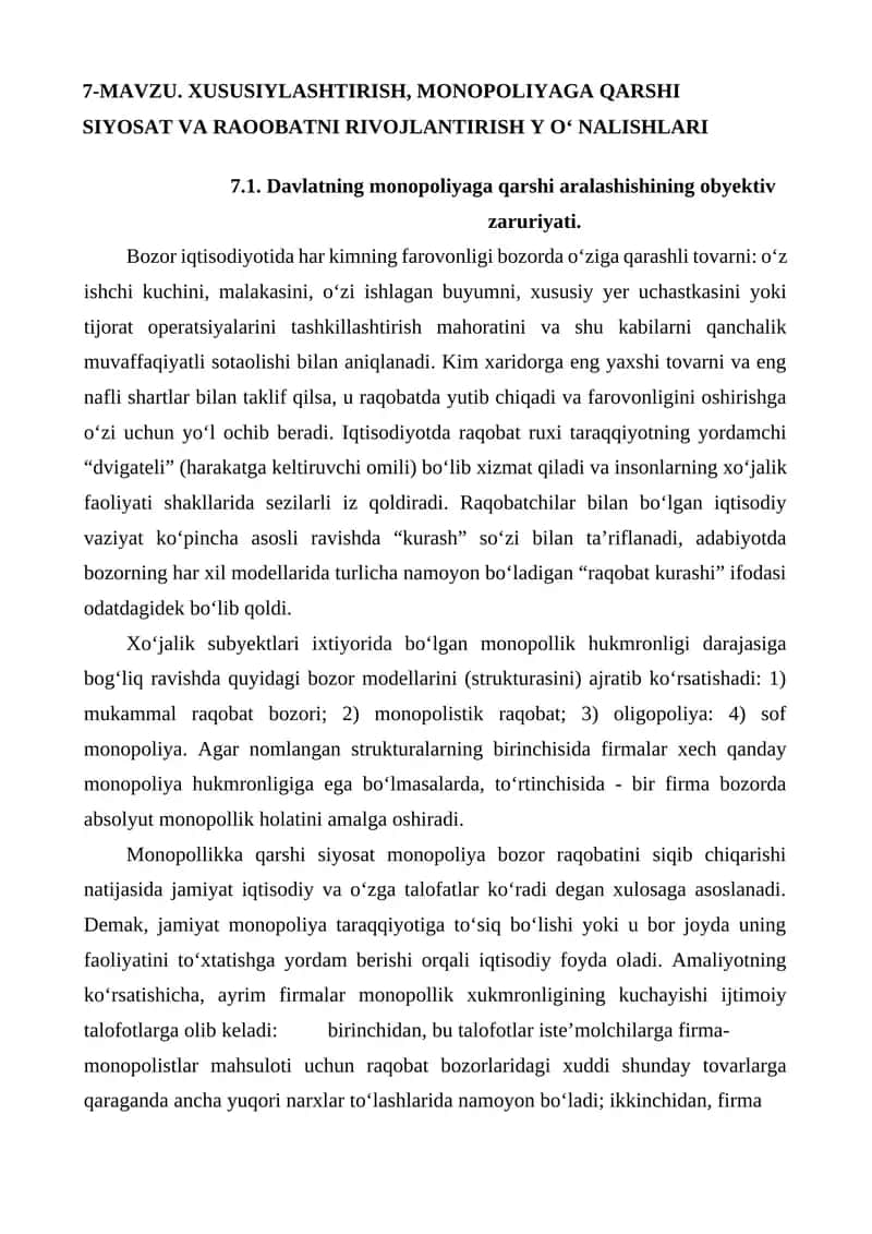 Monopoliyaga qarshi siyosat va raqobatni rivojlantirish yo‘nalishlari