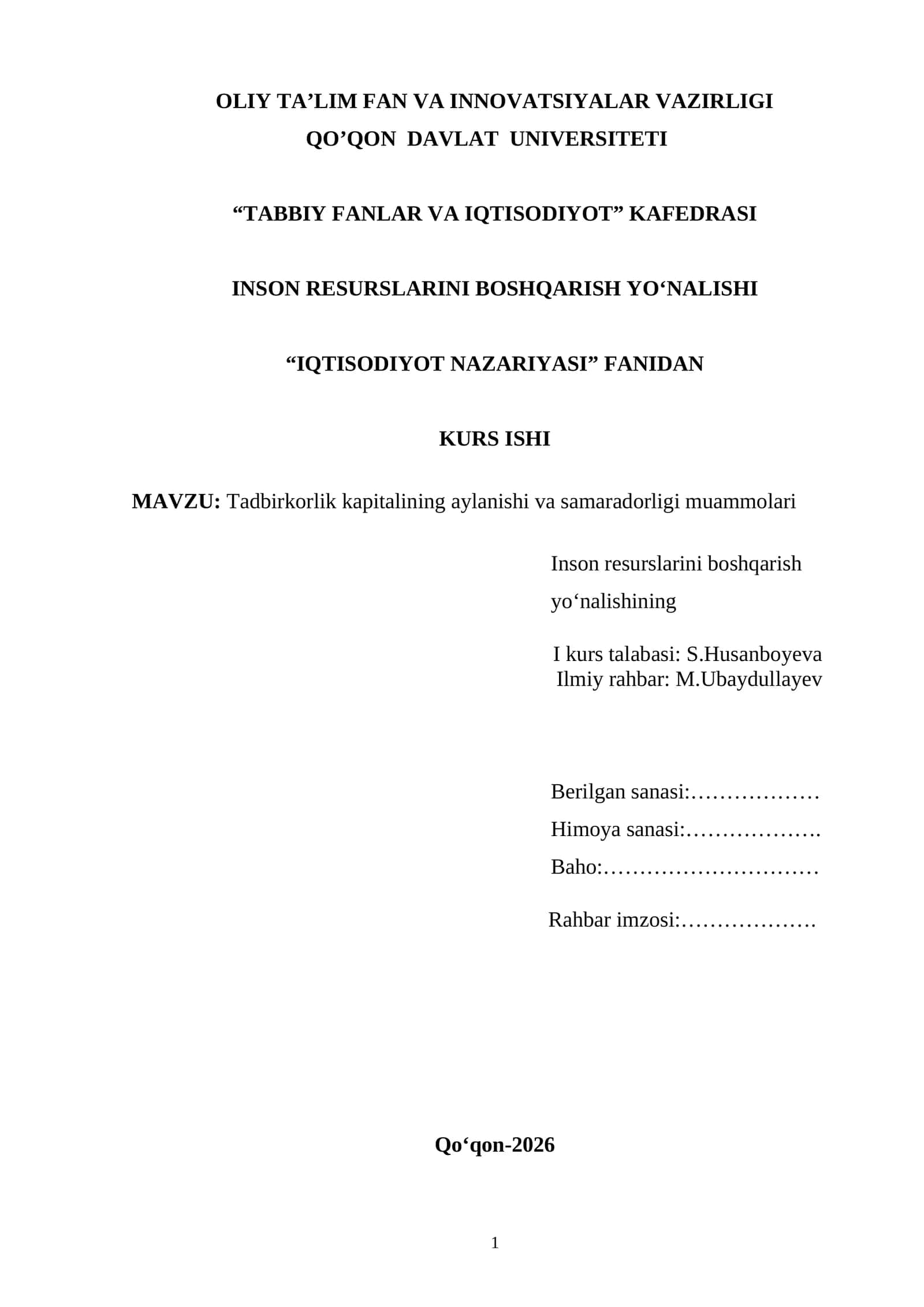 Tadbirkorlik kapitalining aylanishi va samaradorligi muammolari