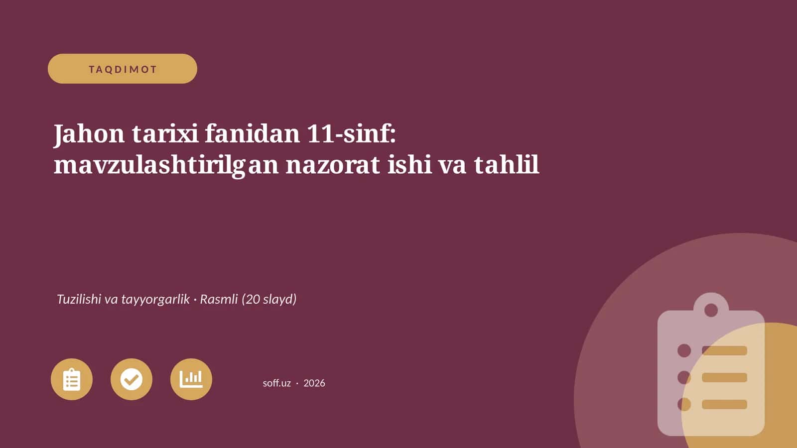 Jahon tarixi fanidan 11-sinf: mavzulashtirilgan nazorat ishi va tahlil