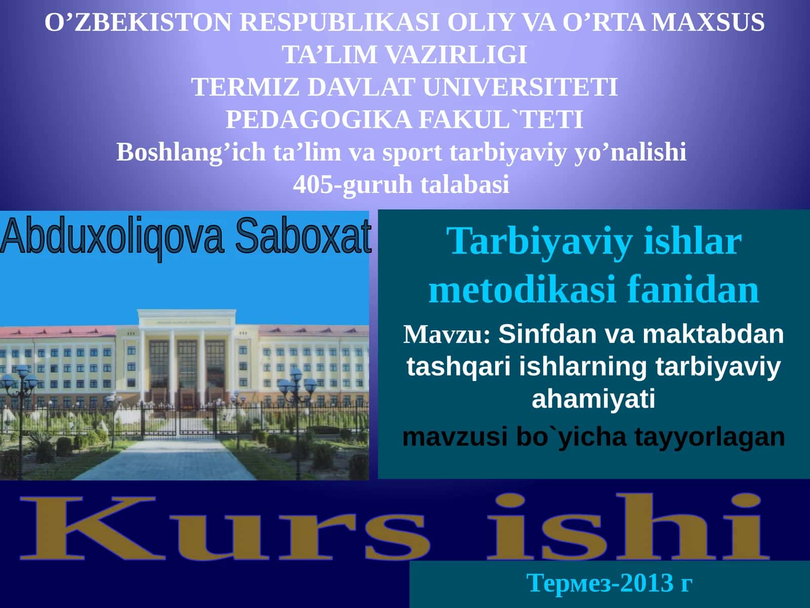 Tarbiyaviy ishlar metodikasi fanidan
