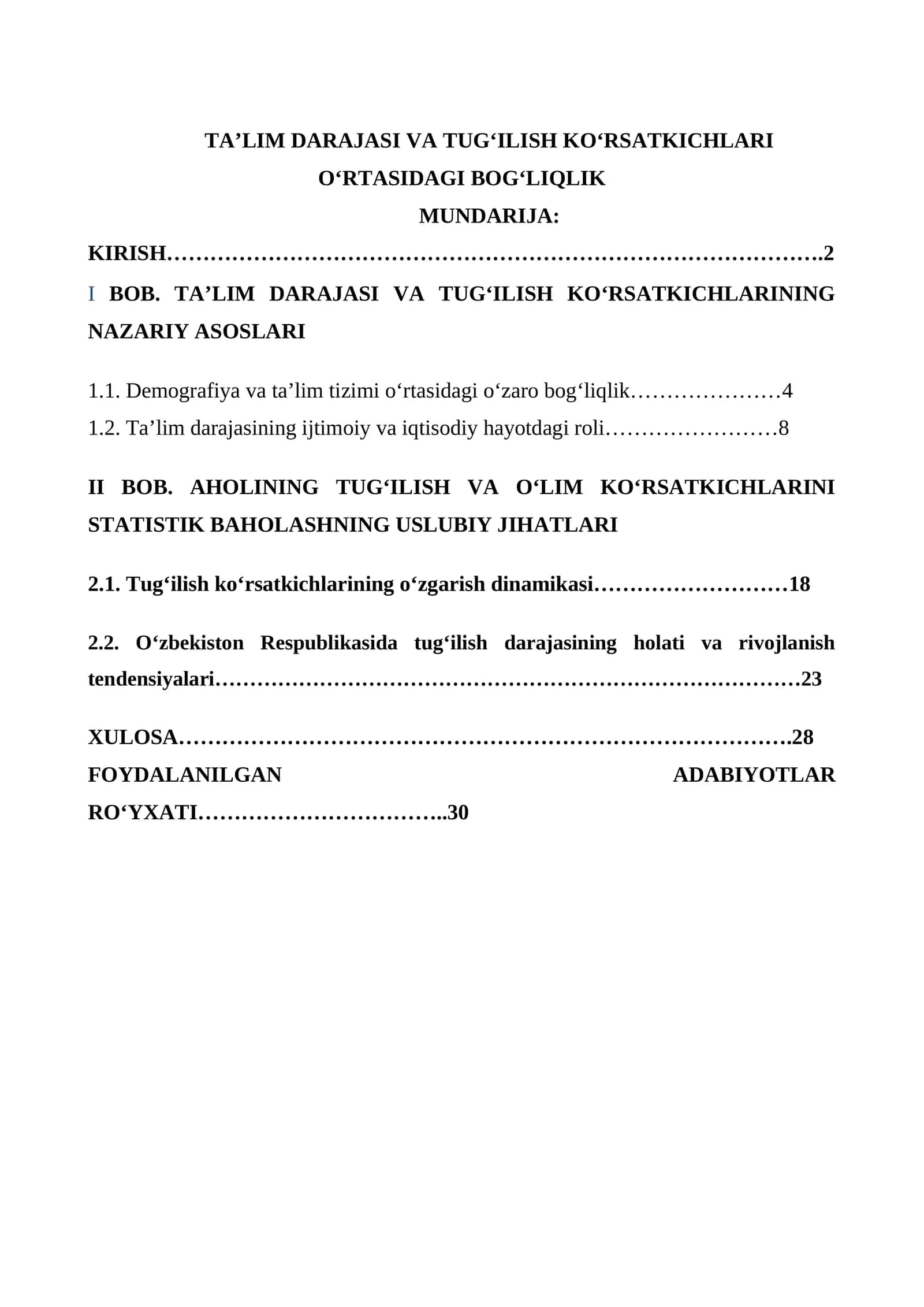 TA’LIM DARAJASI VA TUG‘ILISH KO‘RSATKICHLARI O‘RTASIDAGI BOG‘LIQLIK