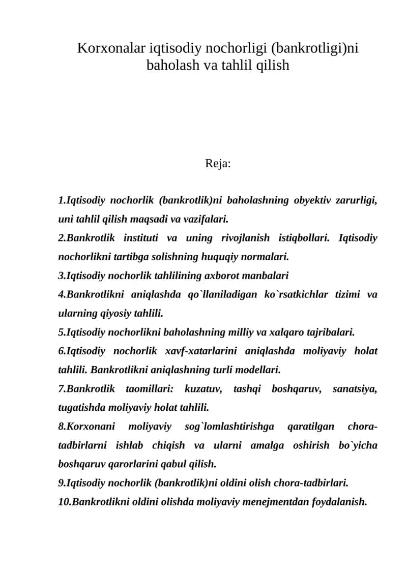 Iqtisodiy nochorlik (bankrotlik)ni baholash va tahlil qilish