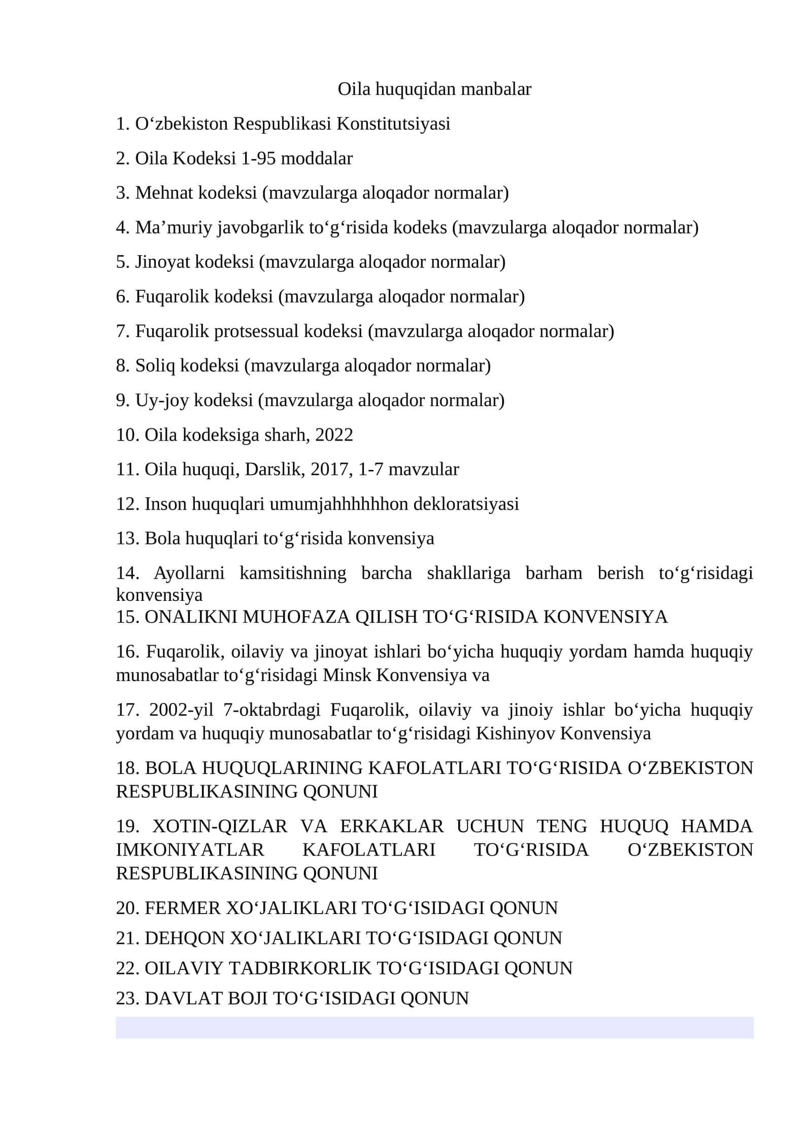 Oila huquqidan manbalar