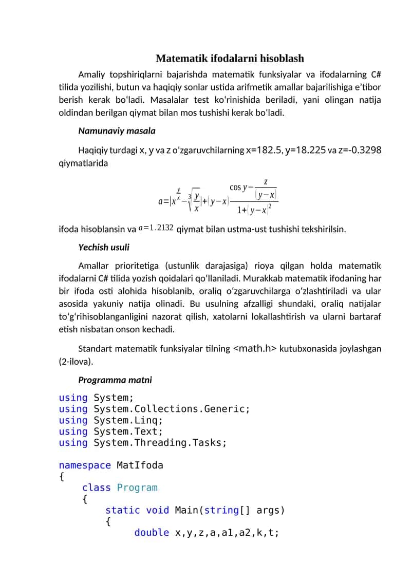 Matematik ifodalarni hisoblash
