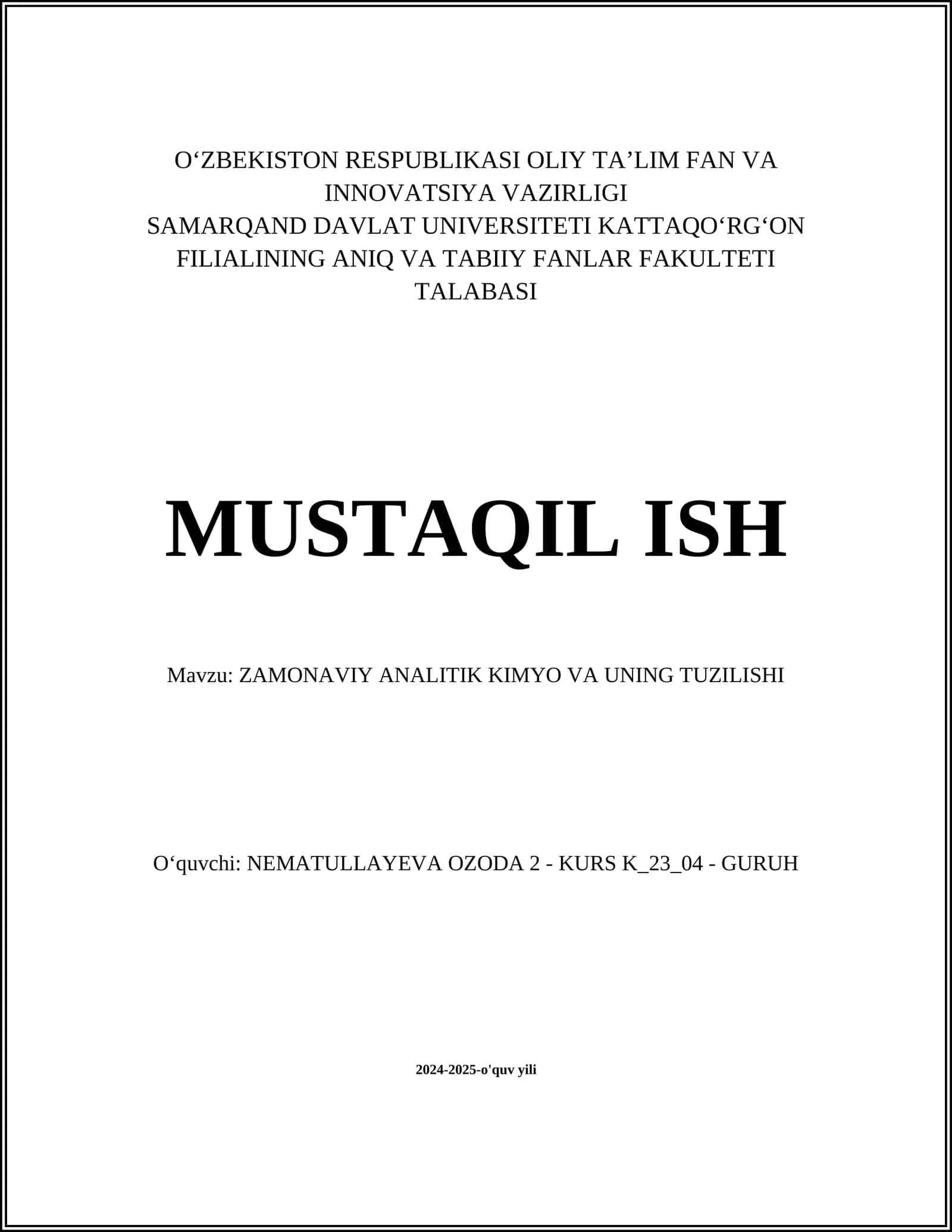 ZAMONAVIY ANALITIK KIMYO VA UNING TUZILISHI