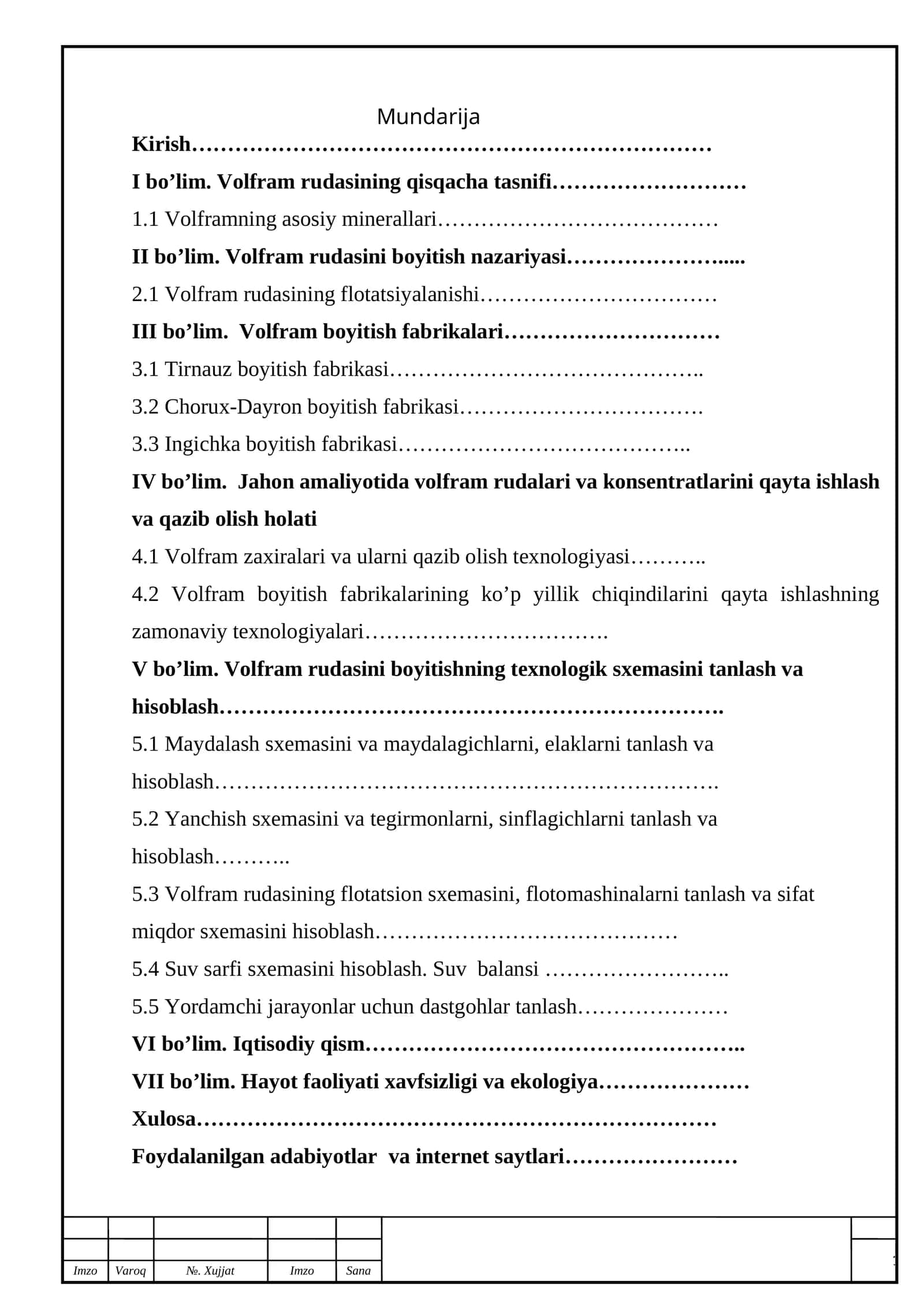 Volfram rudasini boyitishning texnologik sxemasini tanlash va hisoblash