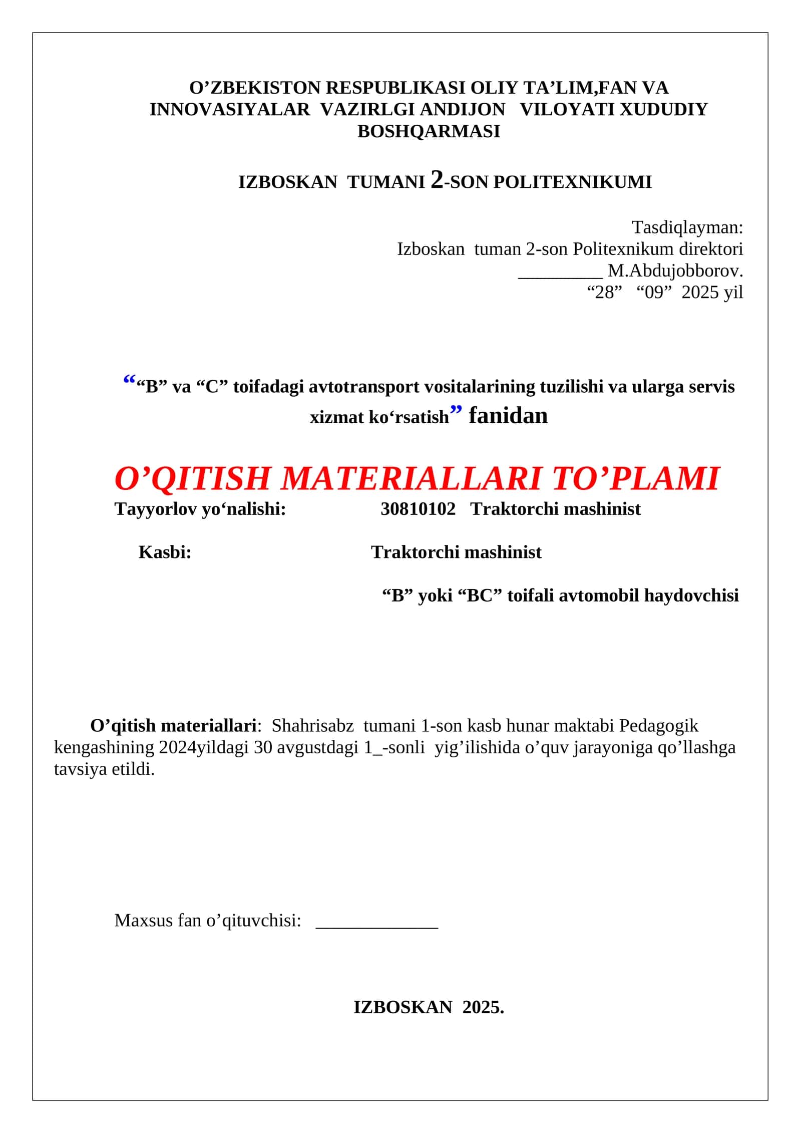 “B” va “C” toifadagi avtotransport vositalarining tuzilishi va ularga servis xizmat ko‘rsatish