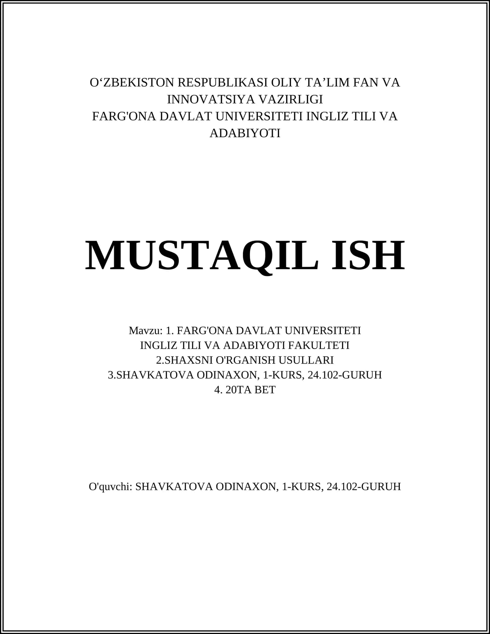 Farg'ona Davlat Universiteti Ingliz Tili va Adabiyoti