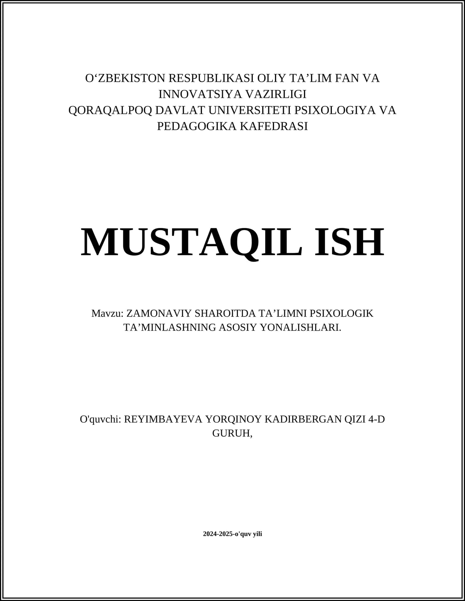 ZAMONAVIY SHAROITDA TA’LIMNI PSIXOLOGIK TA’MINLASHNING ASOSIY YONALISHLARI