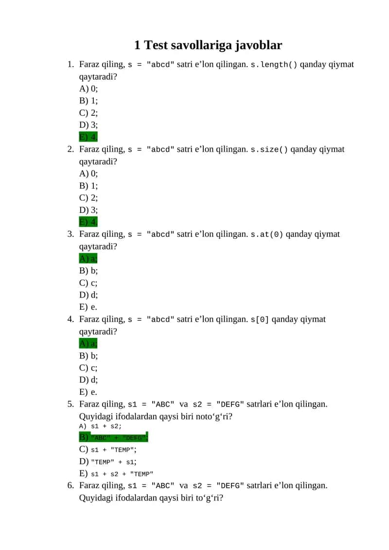 Test savollariga javoblar