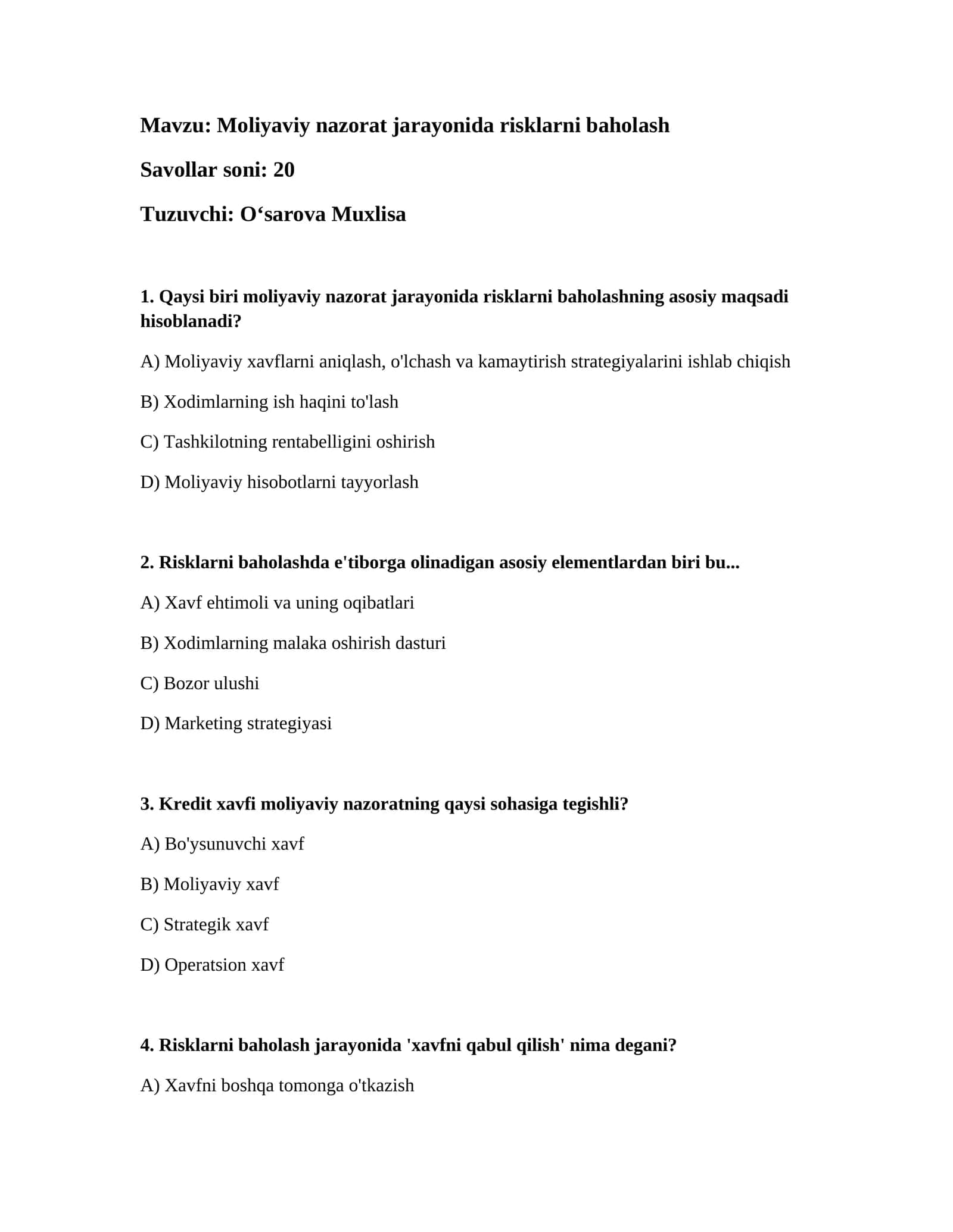Moliyaviy nazorat jarayonida risklarni baholash