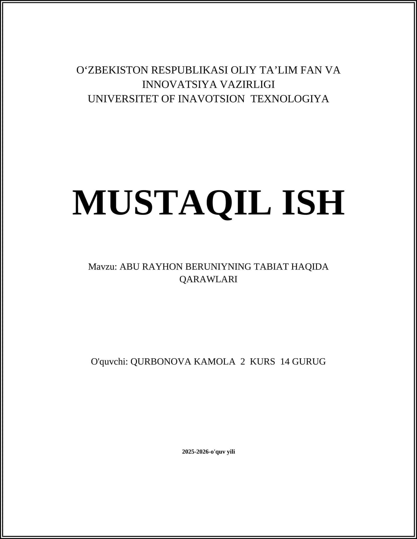ABU RAYHON BERUNIYNING TABIAT HAQIDA QARAWLARI