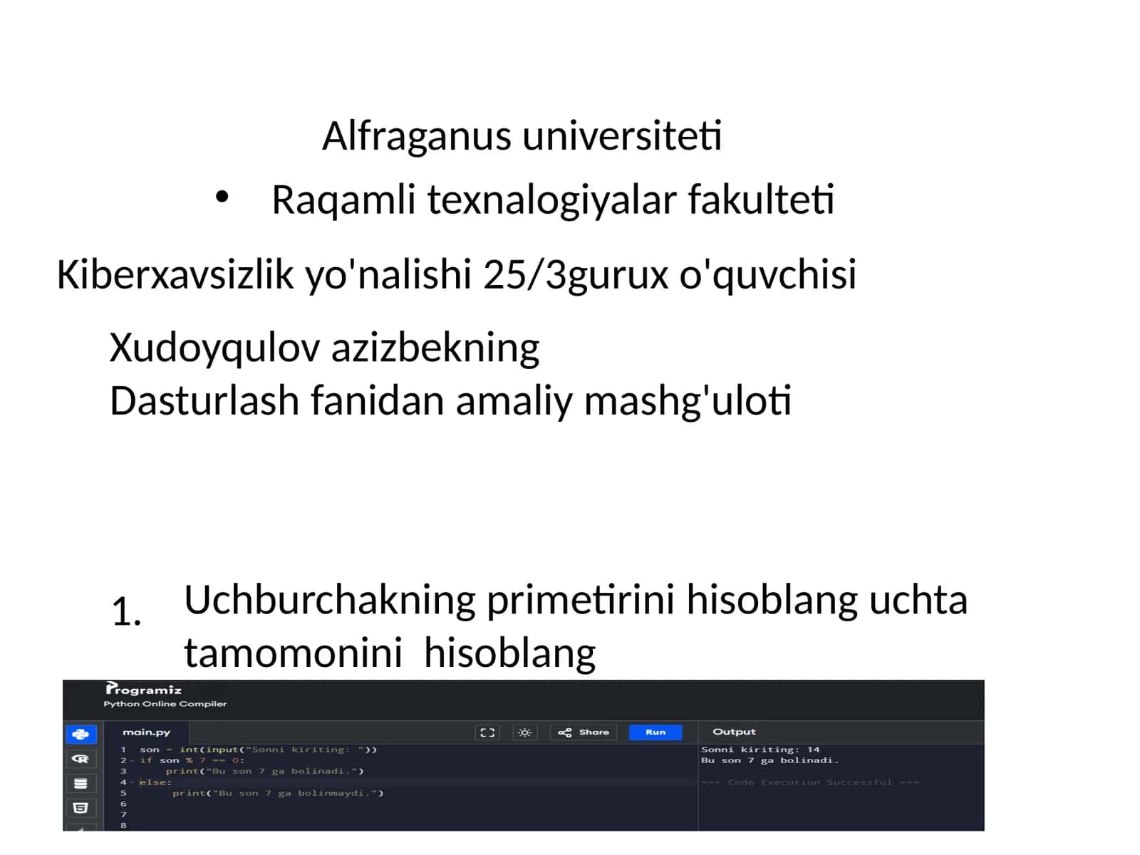 Dasturlash fanidan amaliy mashg'ulot