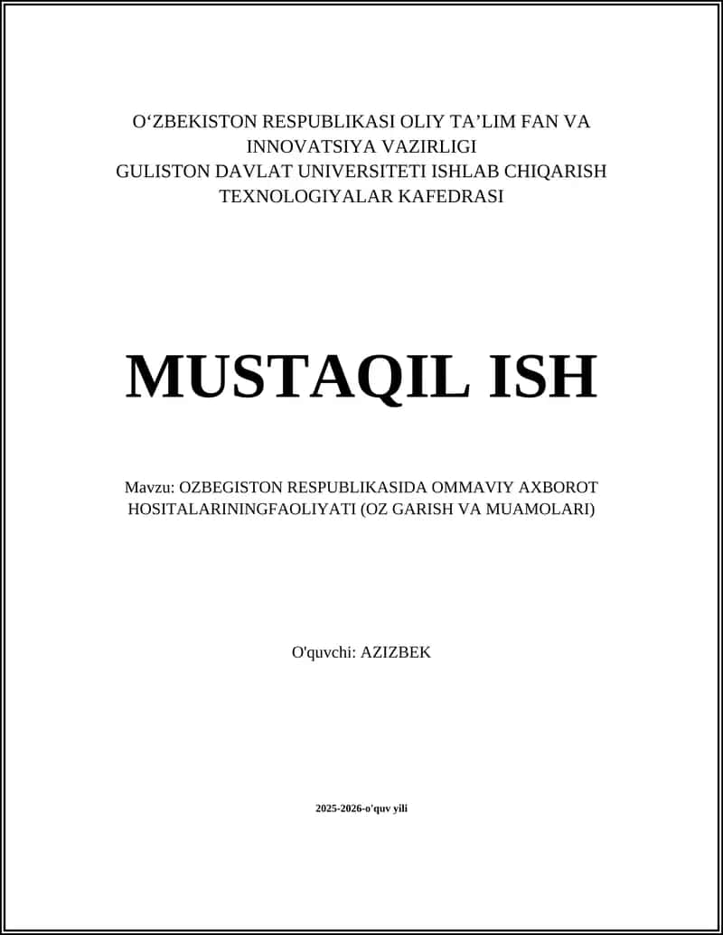 O’ZBEKISTON RESPUBLIKASI OLIY TA’LIM FAN VA INNOVATSIYA VAZIRLIGI