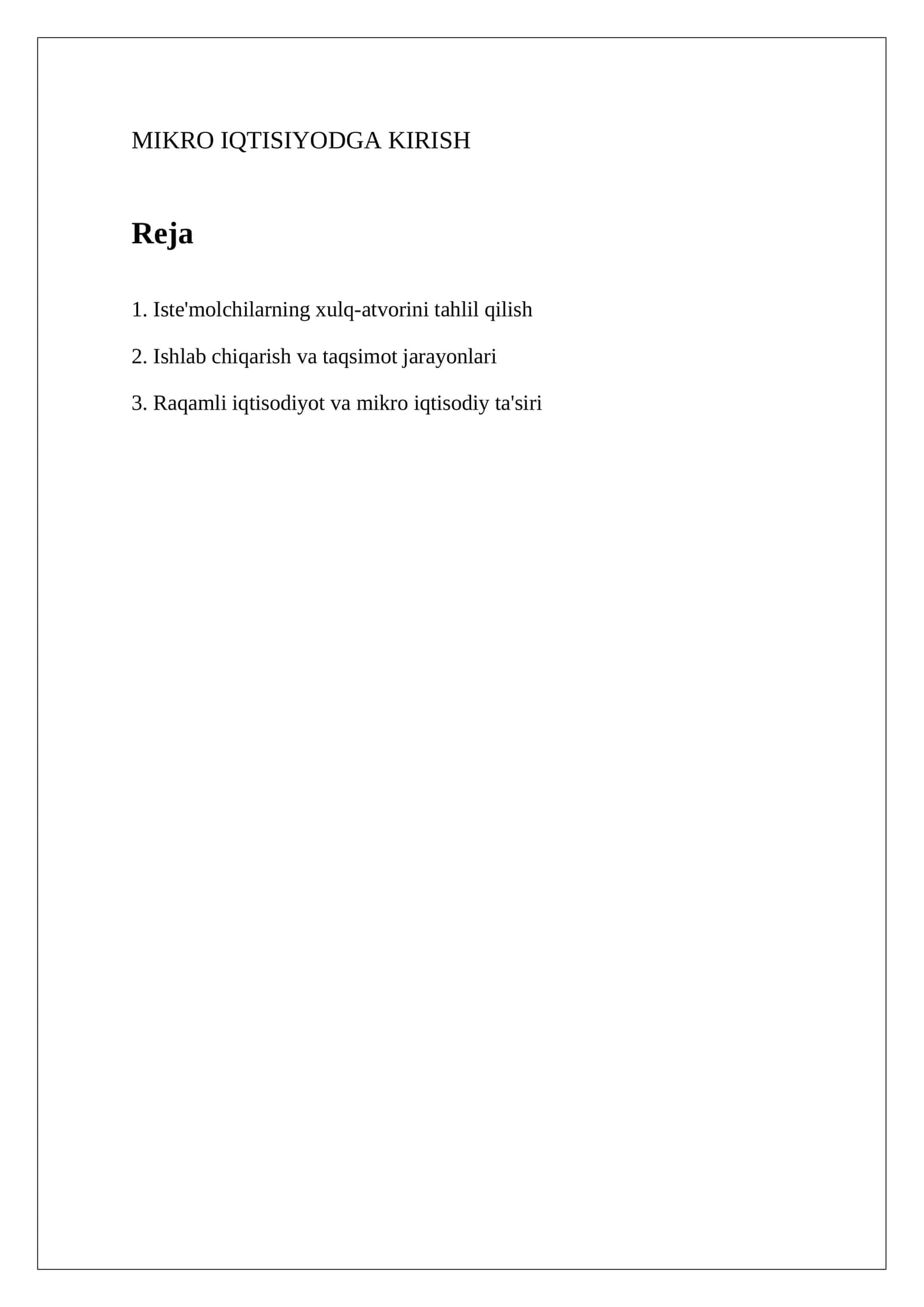 Mikro Iqtisodiyotga Kirish