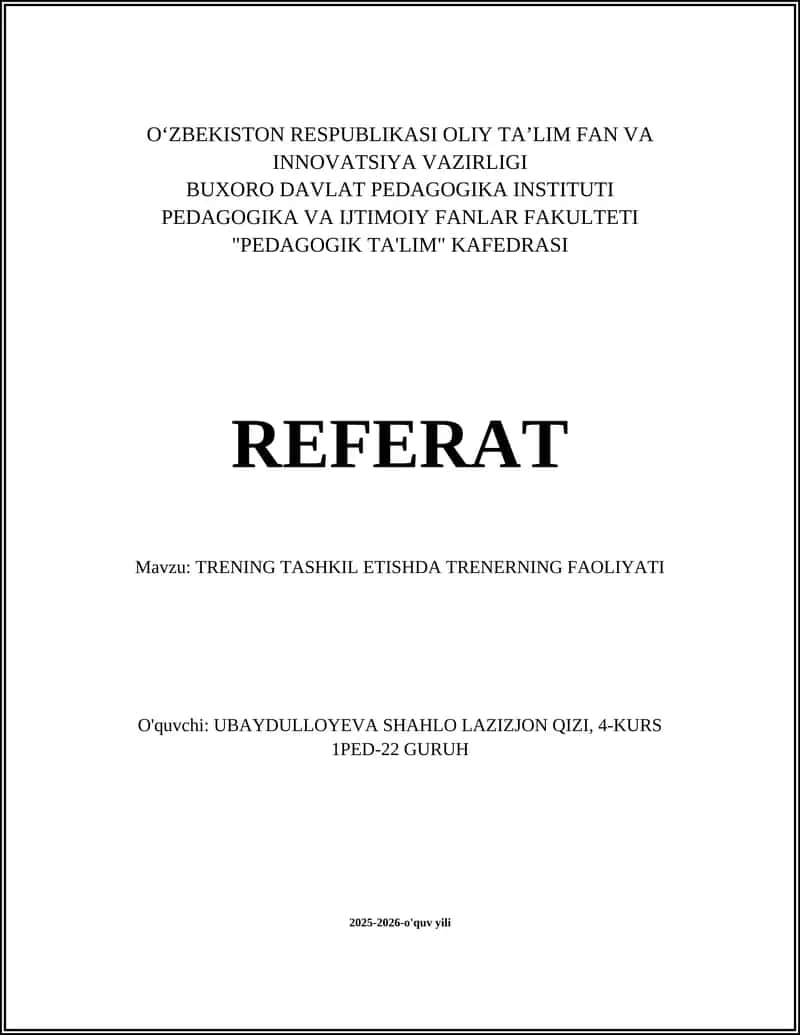 TRENING TASHKIL ETISHDA TRENERNING FAOLIYATI