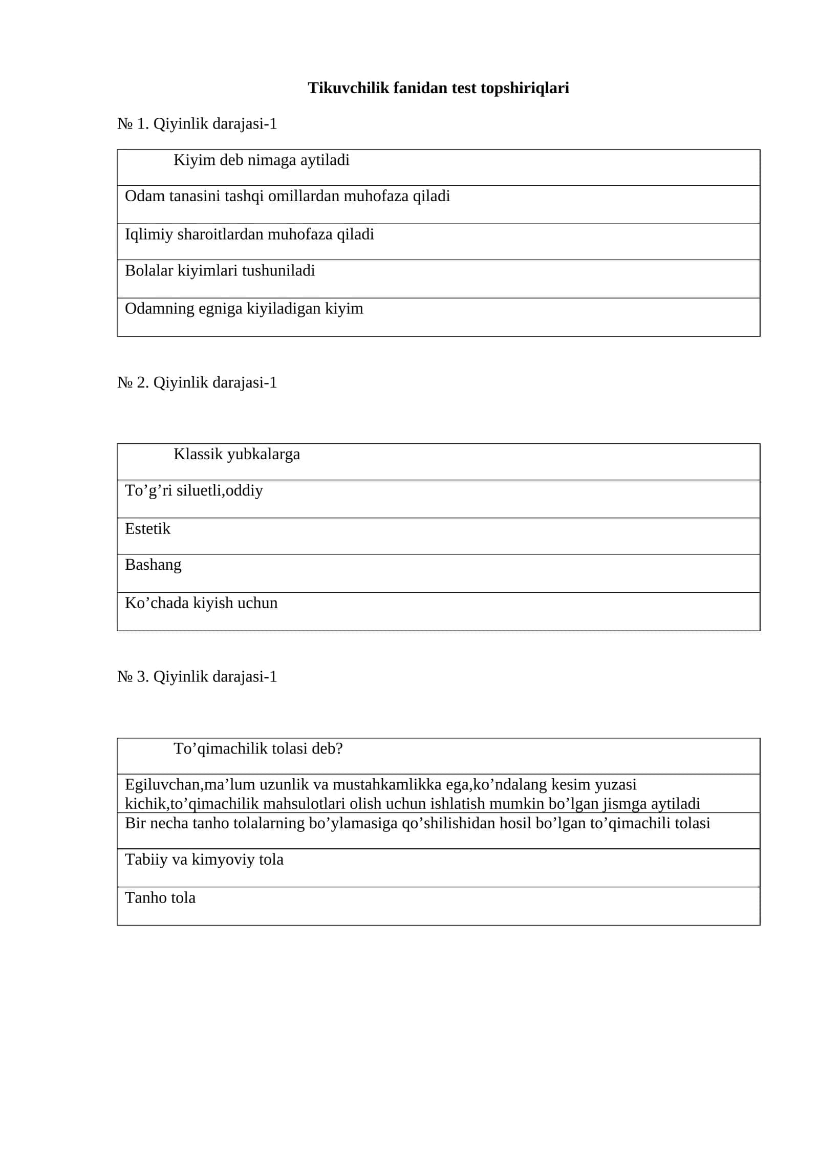 Tikuvchilik fanidan test topshiriqlari