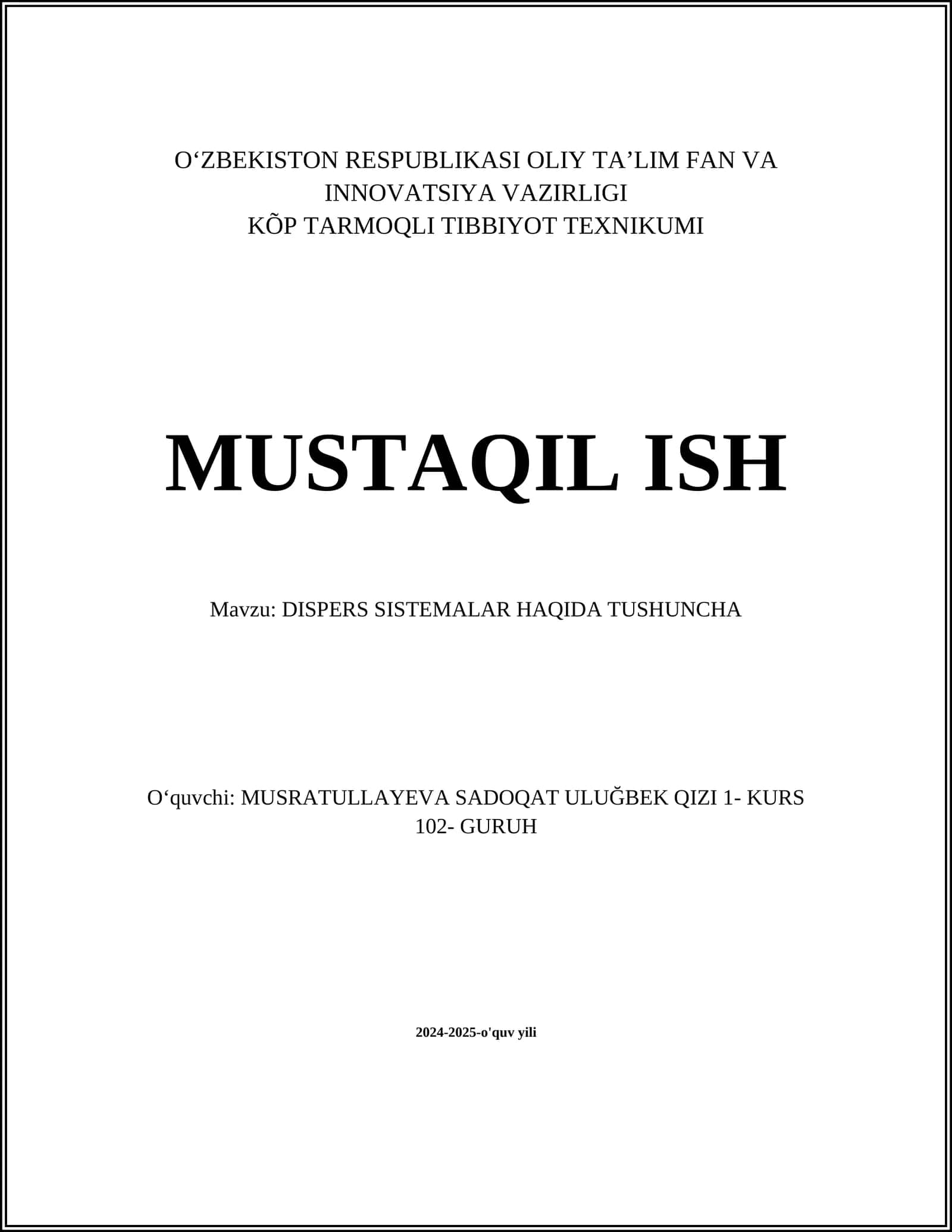 DISPERS SISTEMALAR HAQIDA TUSHUNCHA
