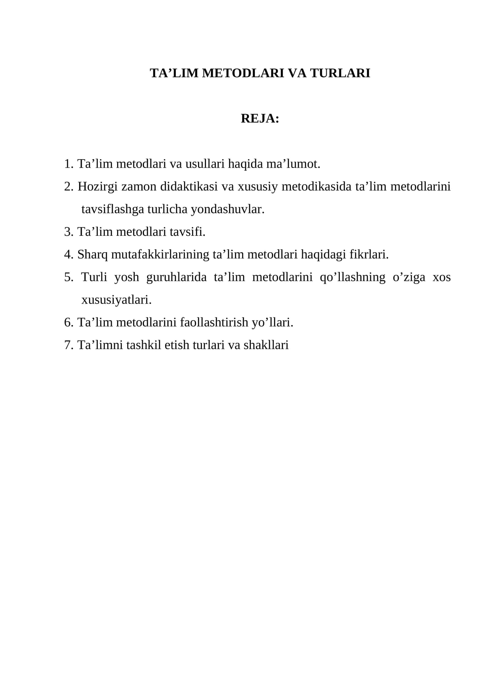TA’LIM METODLARI VA TURLARI