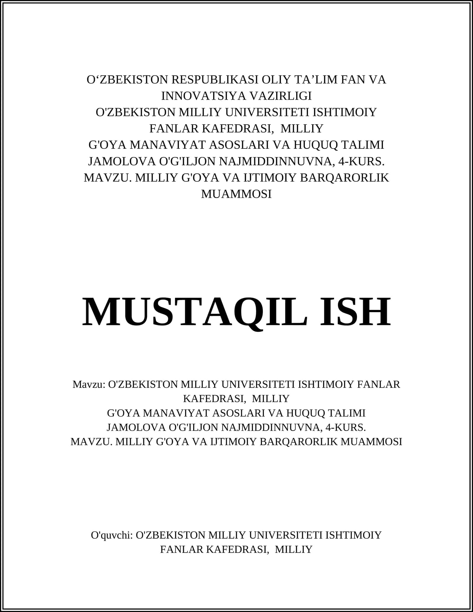 MILLIY G'OYA VA IJTIMOIY BARQARORLIK MUAMMOSI
