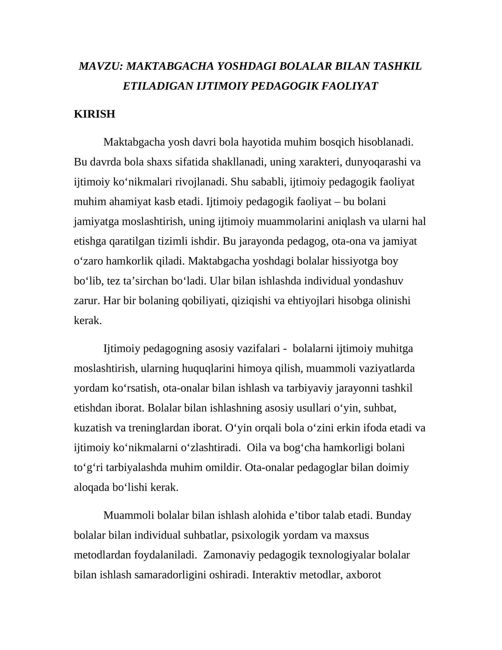 MAKTABGACHA YOSHDAGI BOLALAR BILAN TASHKIL ETILADIGAN IJTIMOIY PEDAGOGIK FAOLIYAT