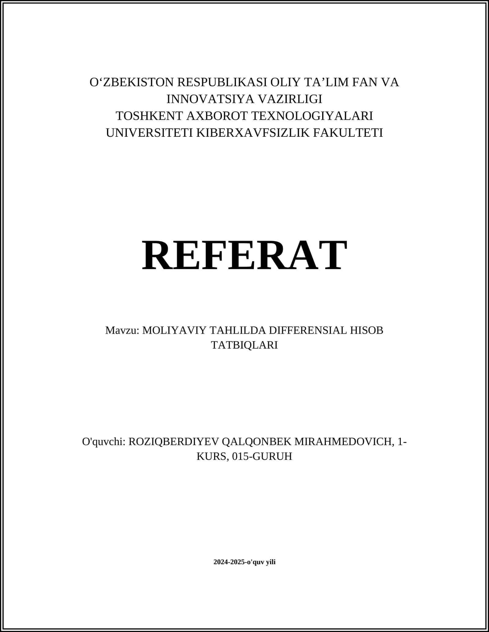 MOLIYAVIY TAHLILDA DIFFERENSIAL HISOB TATBIQLARI