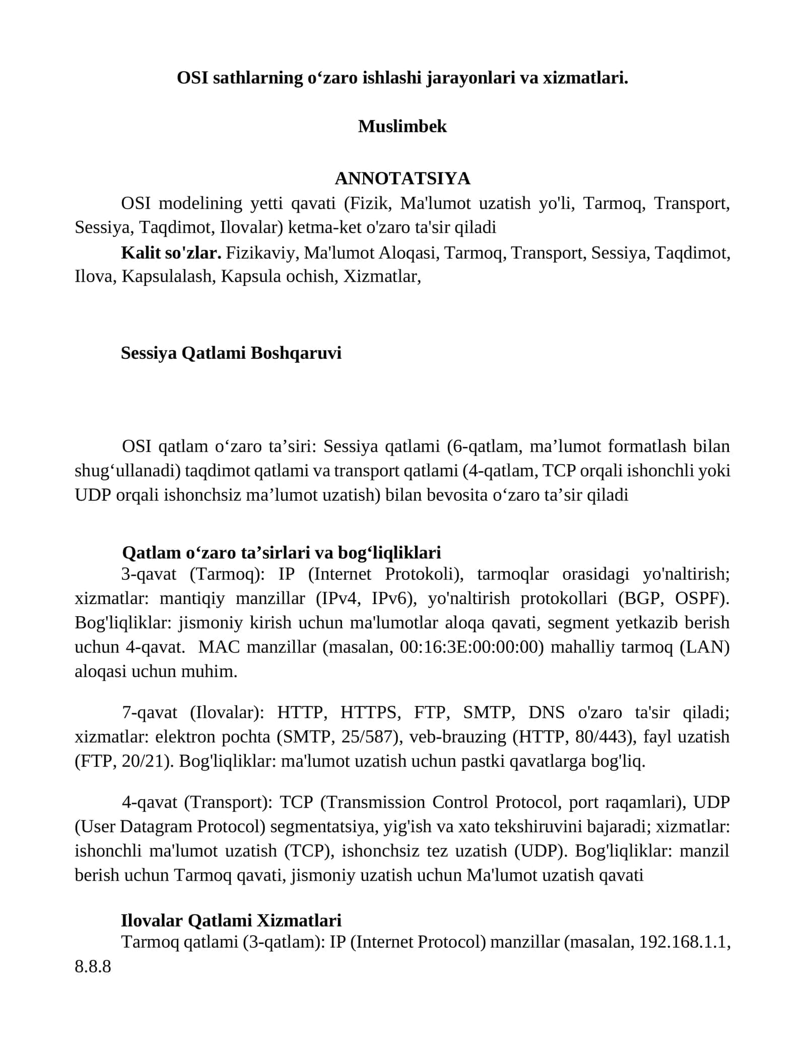 OSI sathlarning o‘zaro ishlashi jarayonlari va xizmatlari