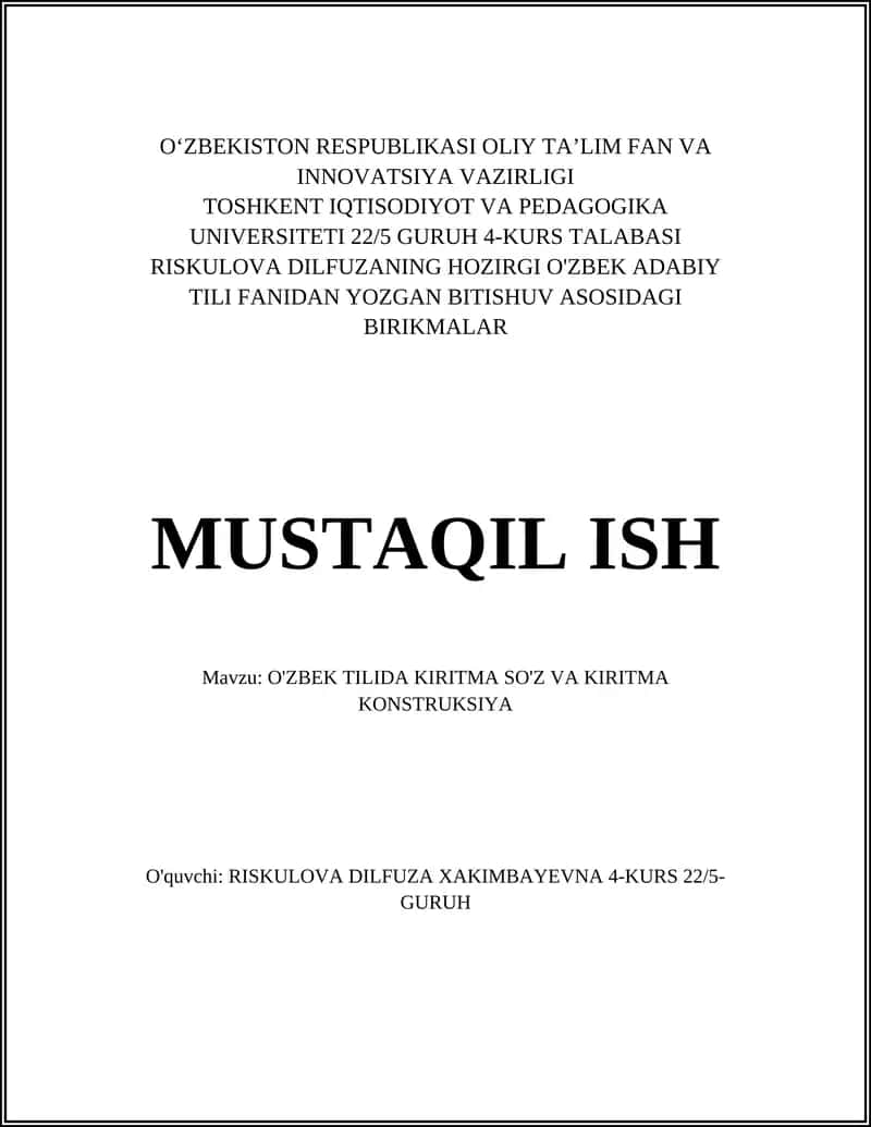 O'ZBEK TILIDA KIRITMA SO'Z VA KIRITMA KONSTRUKSIYA