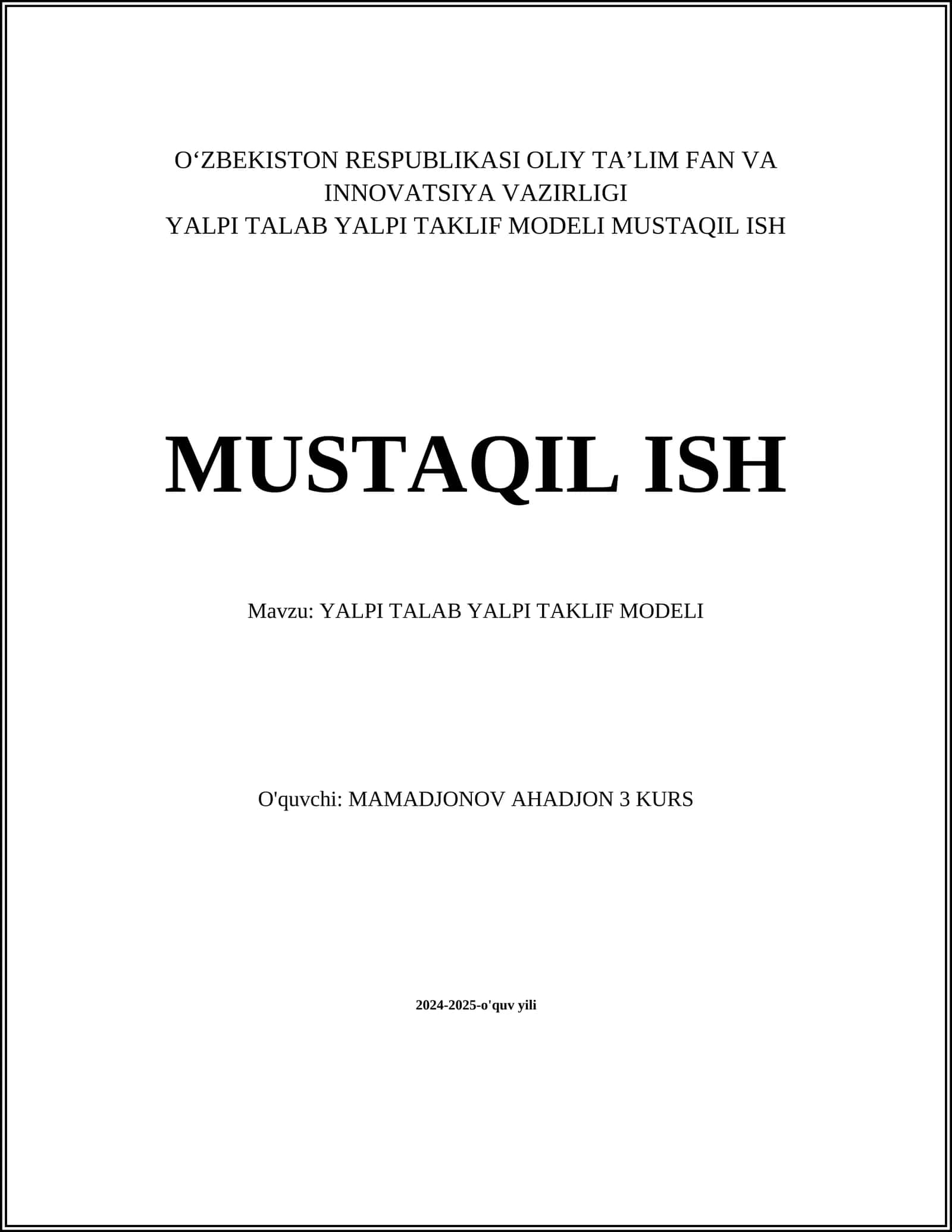 YALPI TALAB YALPI TAKLIF MODELI