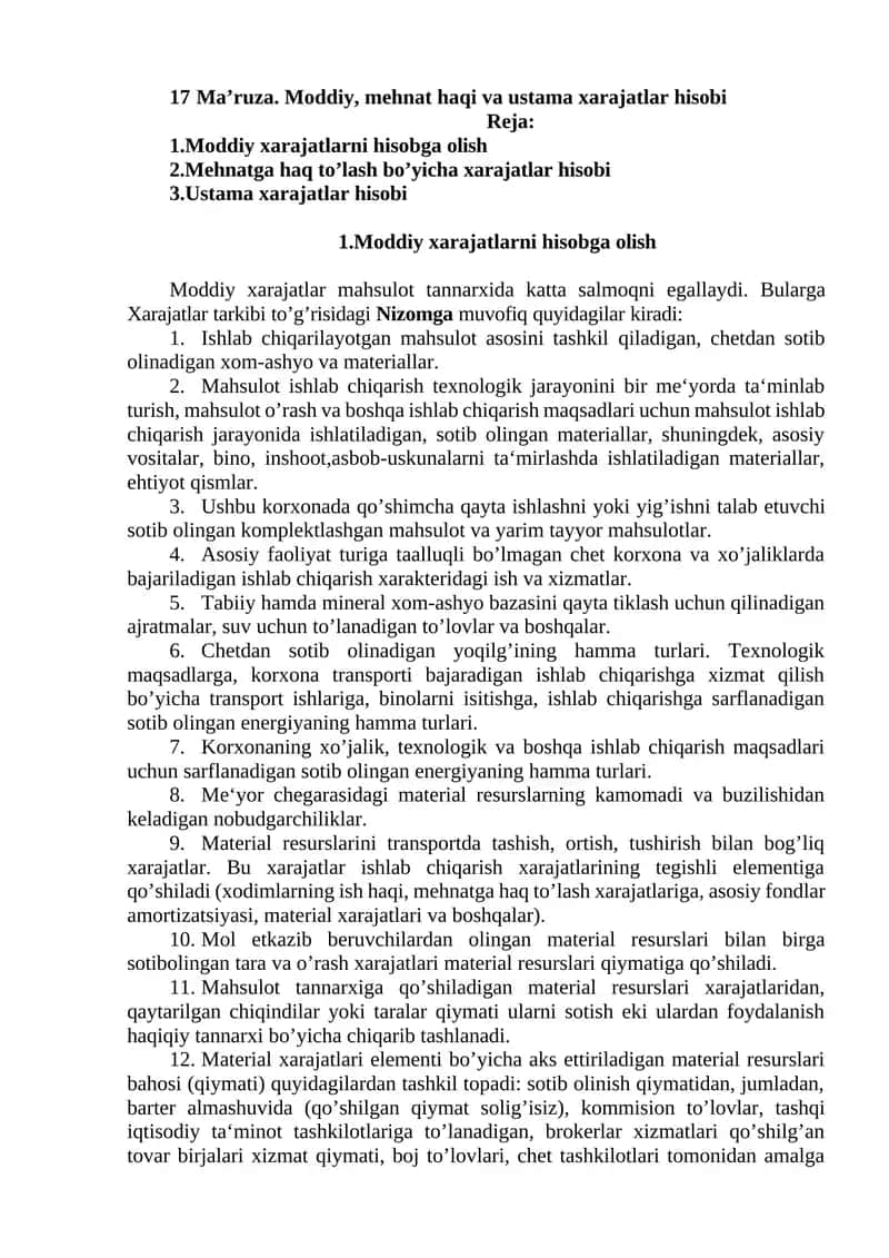 Moddiy, mehnat haqi va ustama xarajatlar hisobi
