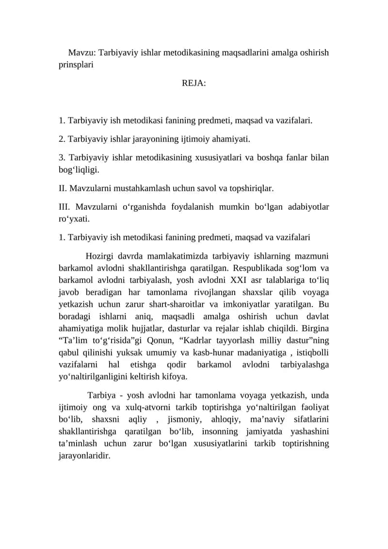 Tarbiyaviy ishlar metodikasining maqsadlarini amalga oshirish prinsplari