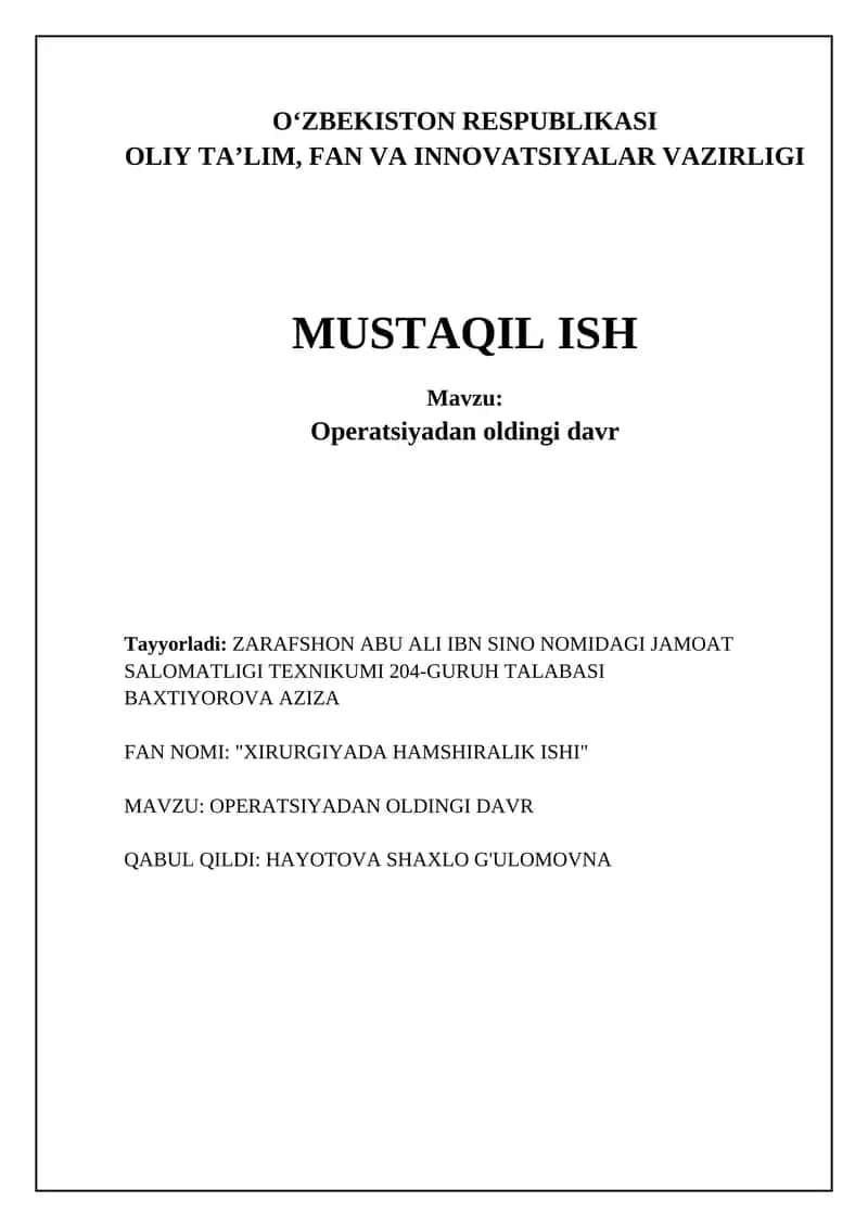 "Operatsiyadan oldingi davr: Bemorning baholanishi va xavflarni aniqlash"