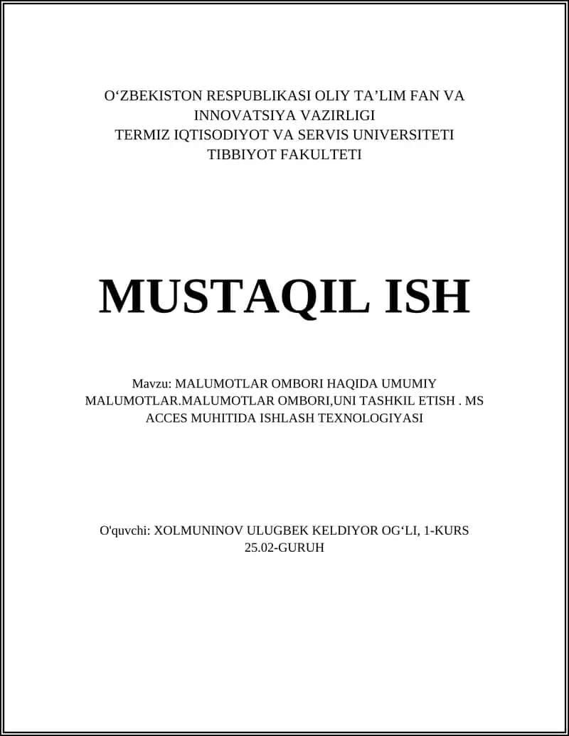 MALUMOTLAR OMBORI HAQIDA UMUMIY MALUMOTLAR