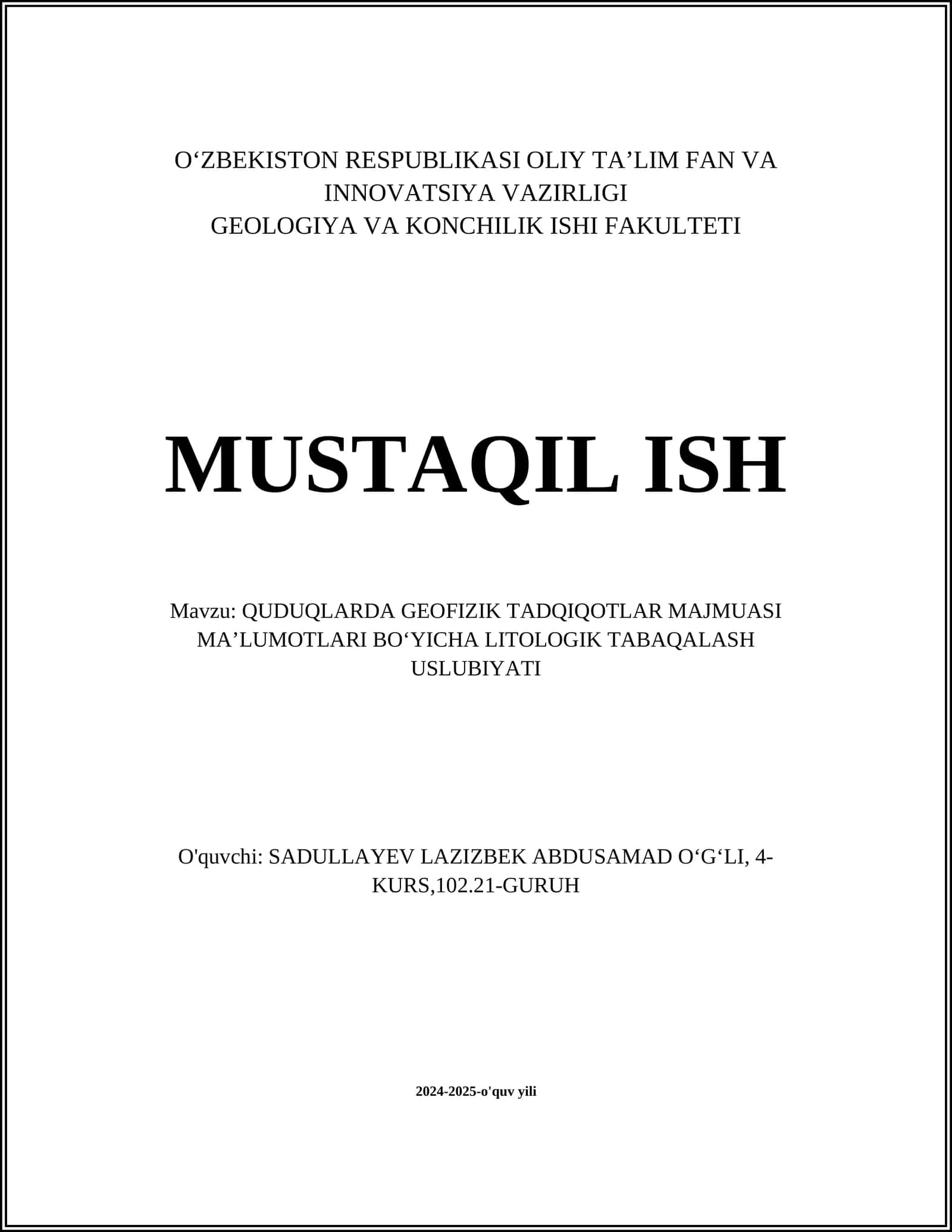QUDUQLARDA GEOFIZIK TADQIQOTLAR MAJMUASI MAʼLUMOTLARI BOʻYICHA LITOLOGIK TABAQALASH USLUBIYATI