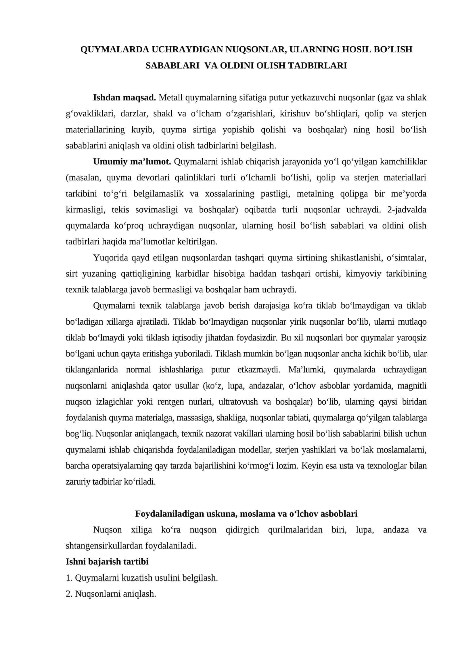 Quymalarning nuqsonlari va oldini olish