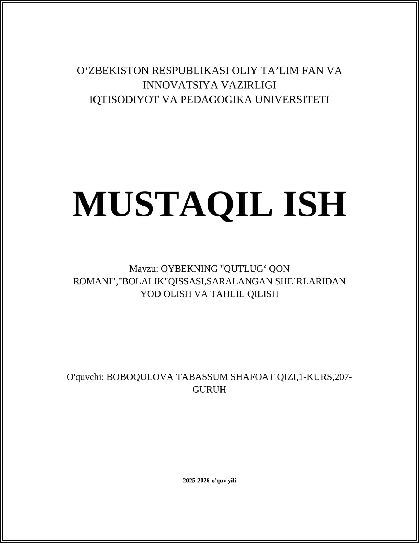OYBEKNING "QUTLUGʻ QON ROMANI