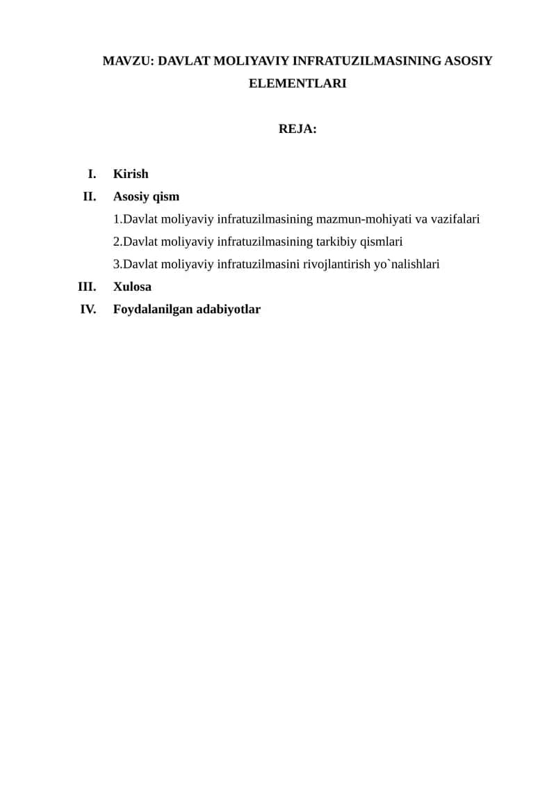 DAVLAT MOLIYAVIY INFRATUZILMASINING ASOSIY ELEMENTLARI
