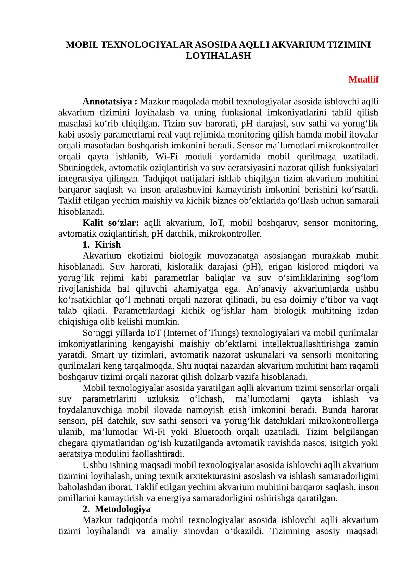 Tezis_MOBIL TEXNOLOGIYALAR ASOSIDA AQLLI AKVARIUM TIZIMINI LOYIHALASH
