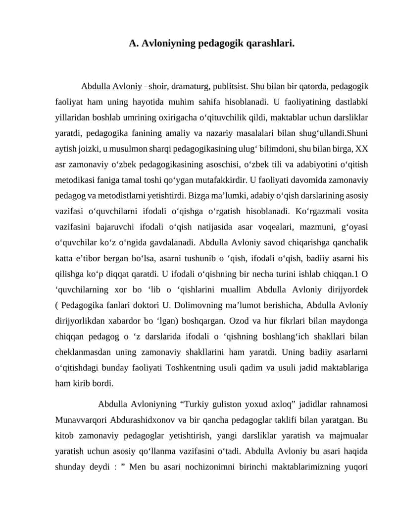 A. Avloniyning pedagogik qarashlari
