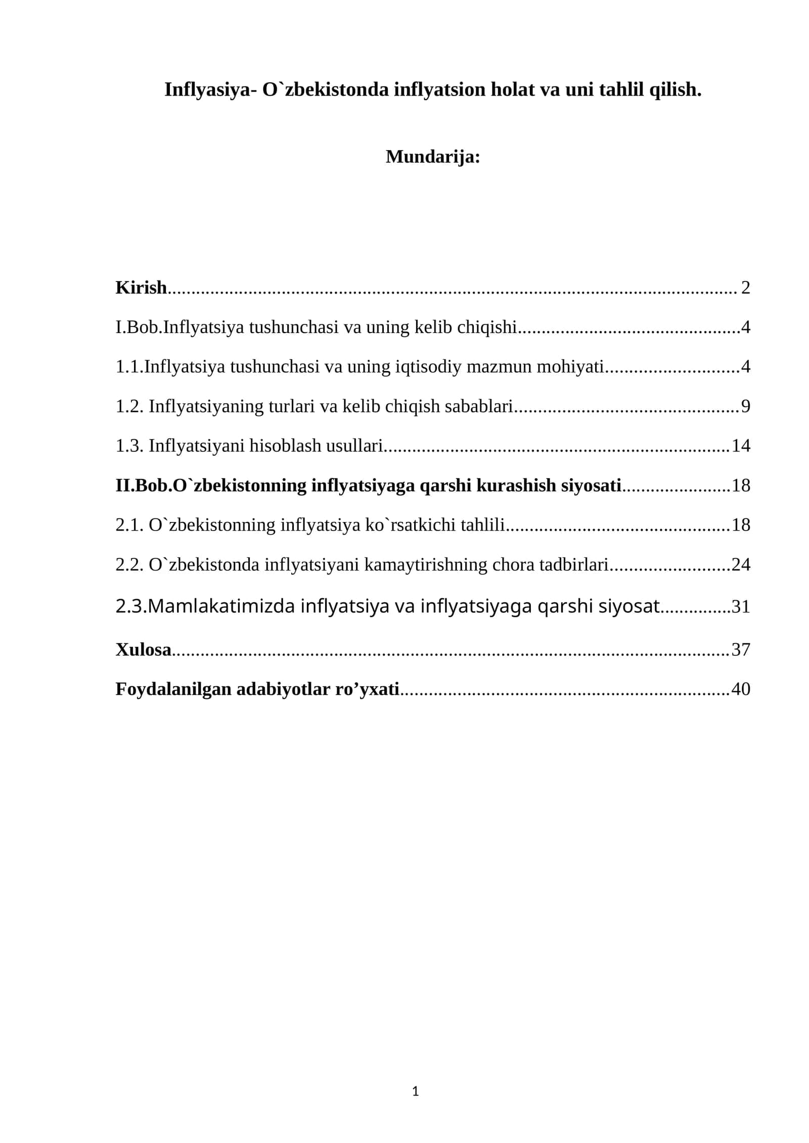 Inflyasiya- O`zbekistonda inflyatsion holat va uni tahlil qilish
