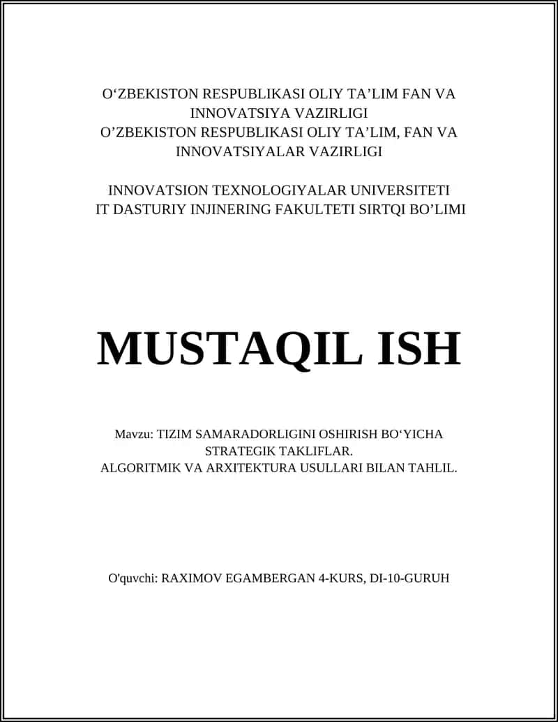 TIZIM SAMARADORLIGINI OSHIRISH BO‘YICHA STRATEGIK TAKLIFLAR