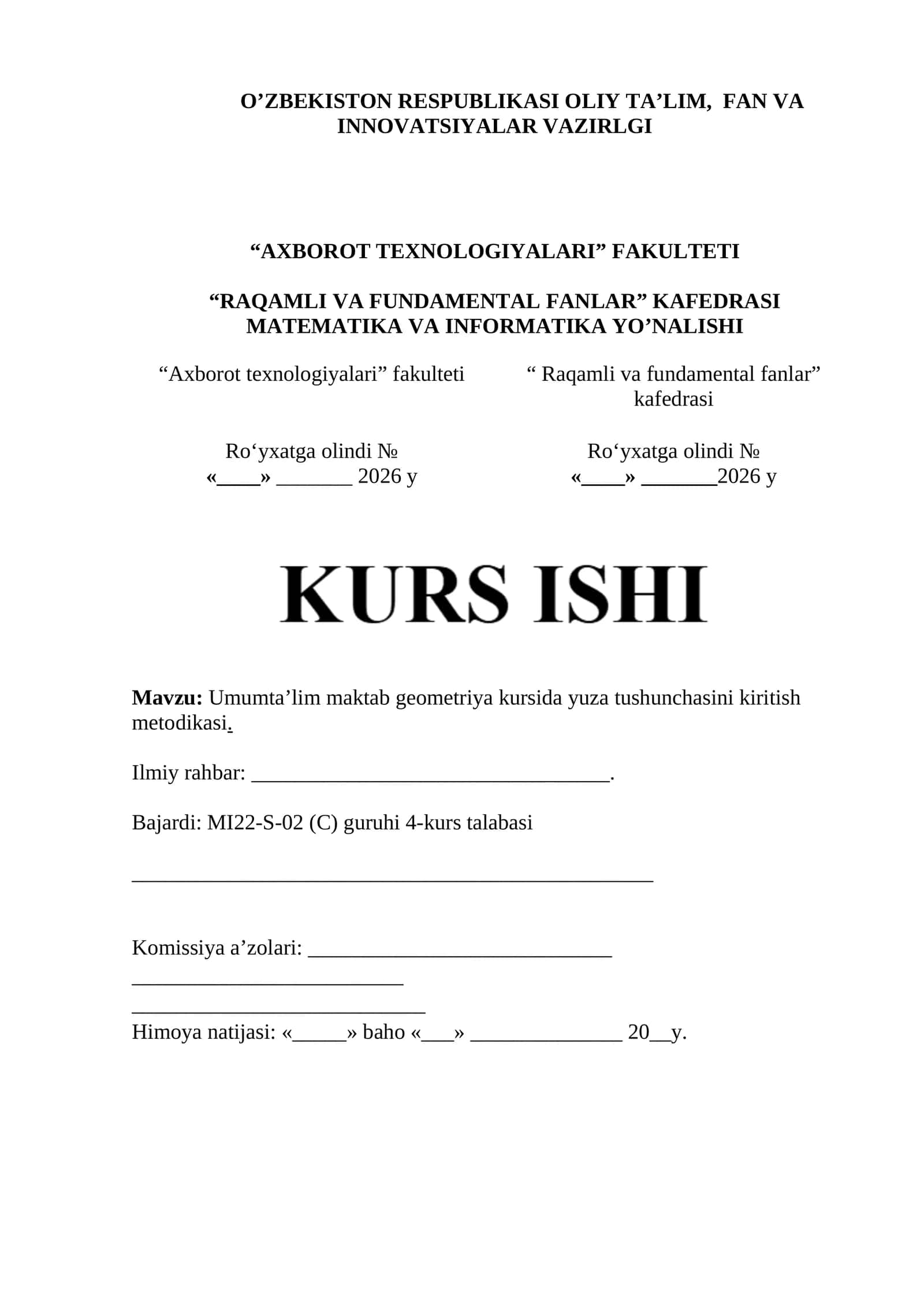 Umumtaʼlim maktab geometriya kursida yuza tushunchasini kiritish metodikasi