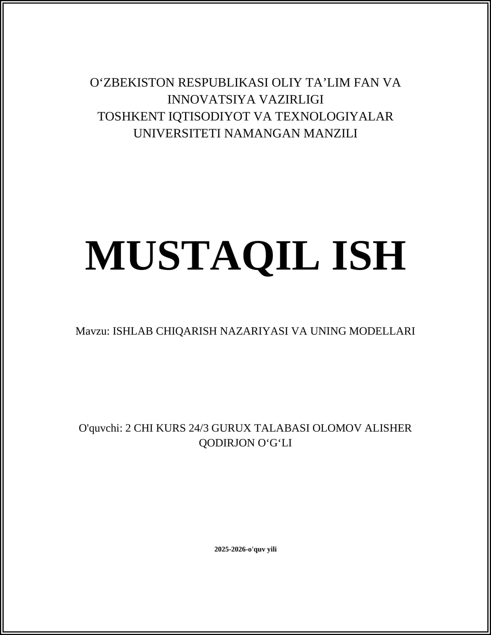 ISHLAB CHIQARISH NAZARIYASI VA UNING MODELLARI
