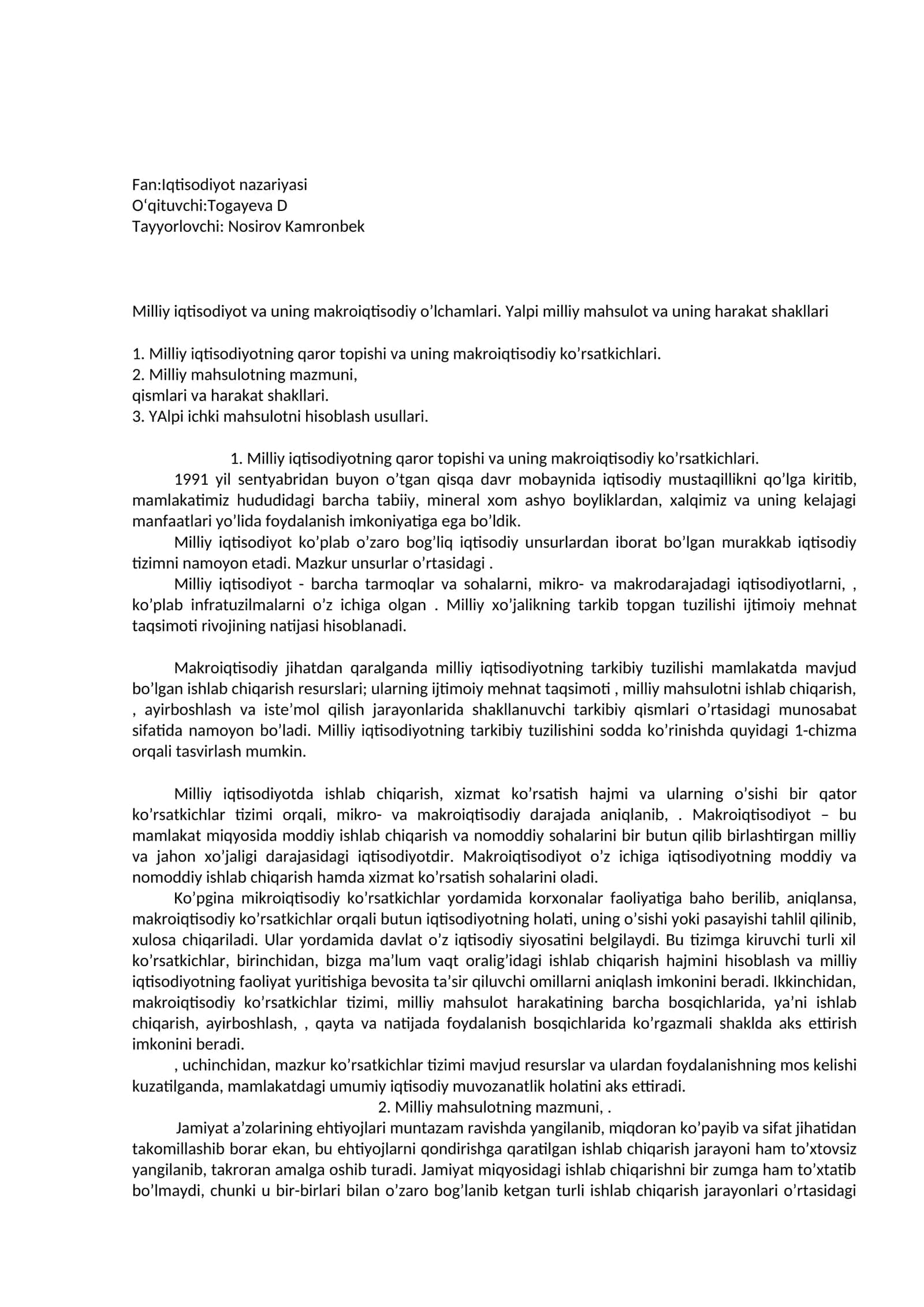 Milliy iqtisodiyotning qаrоr tоpishi vа uning mаkrоiqtisоdiy ko’rsаtkichlаri