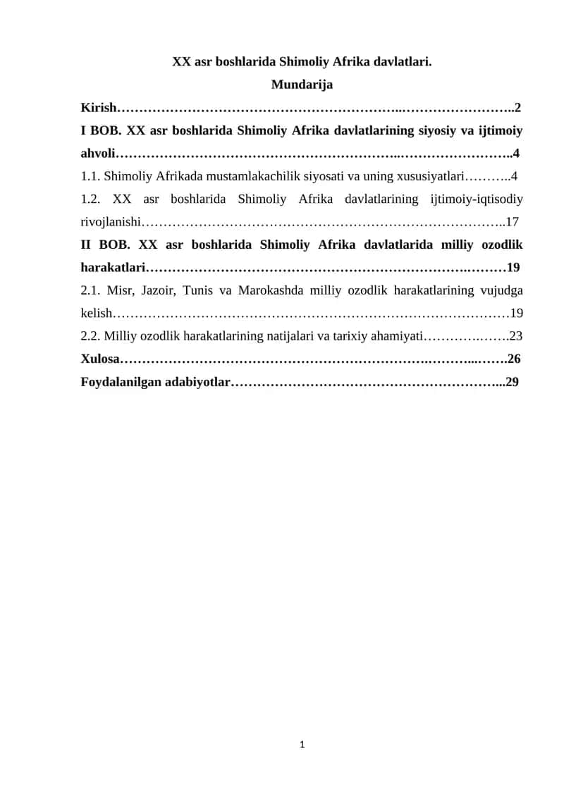 XX asr boshlarida Shimoliy Afrika davlatlari