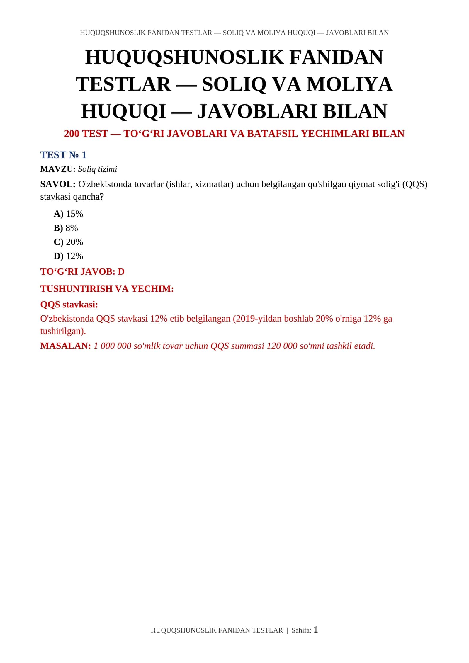 HUQUQSHUNOSLIK FANIDAN TESTLAR